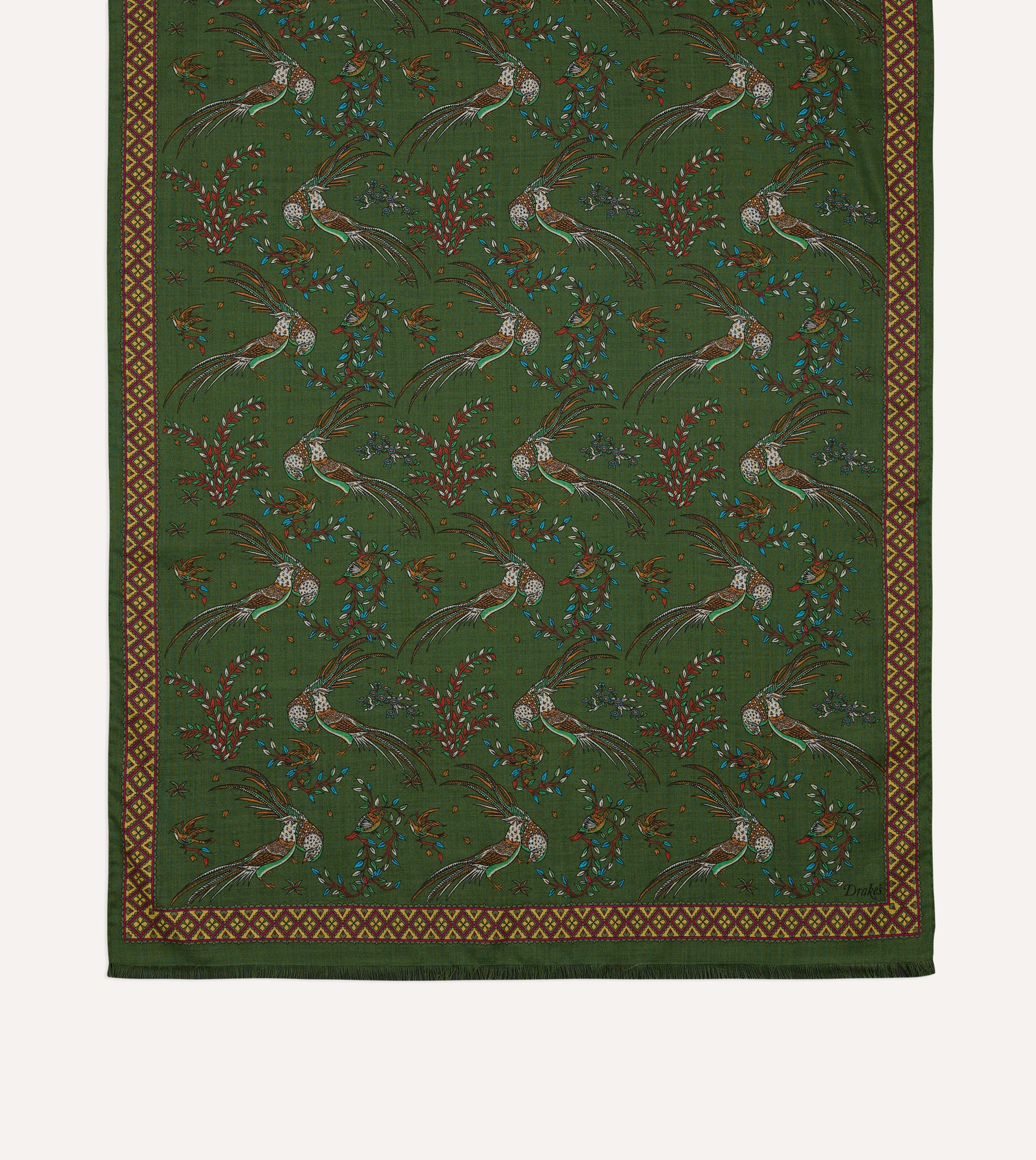 Olive Birds of Paradise Print Wool Silk Scarf - Image 3