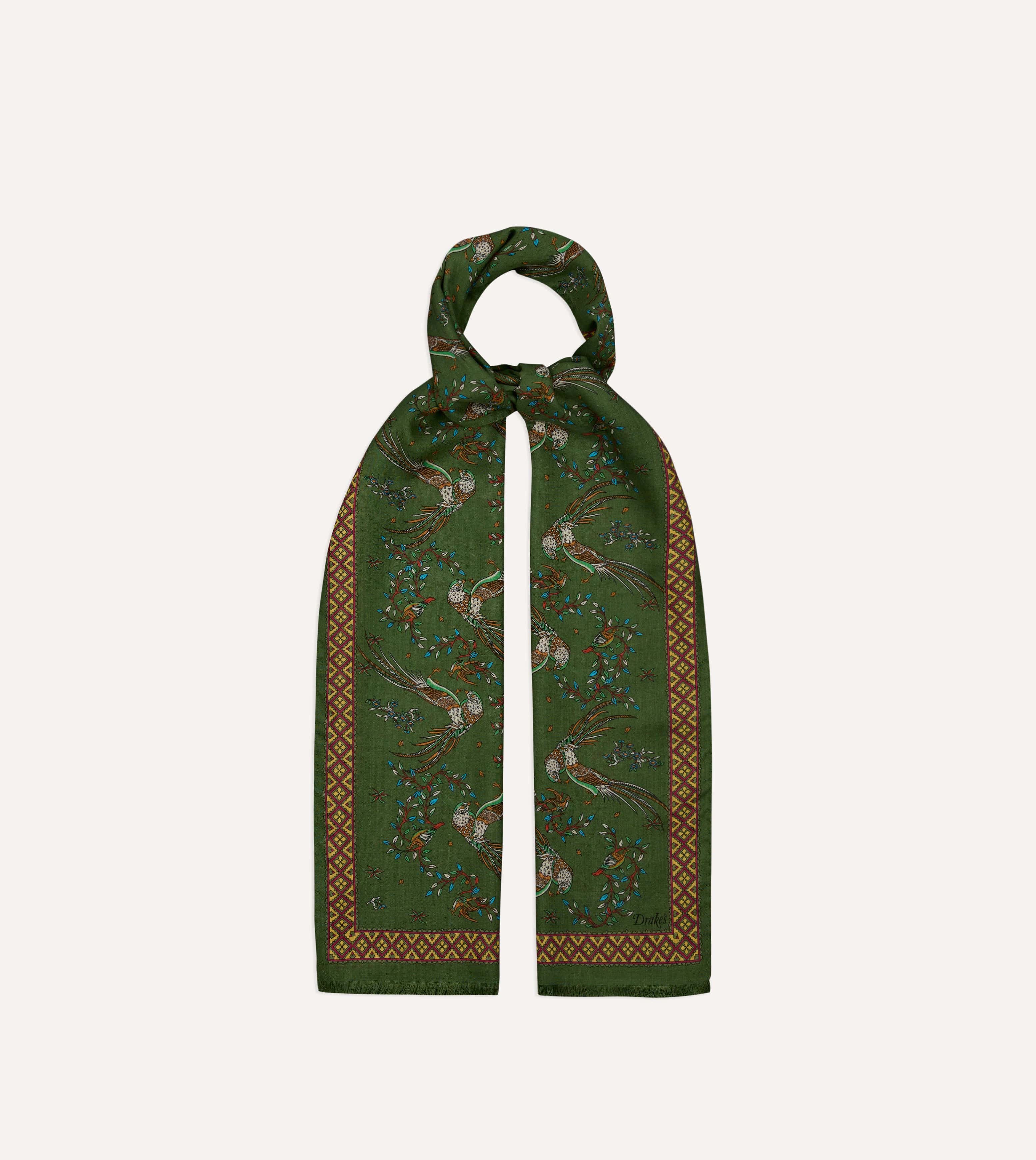 Olive Birds of Paradise Print Wool Silk Scarf - Image 4