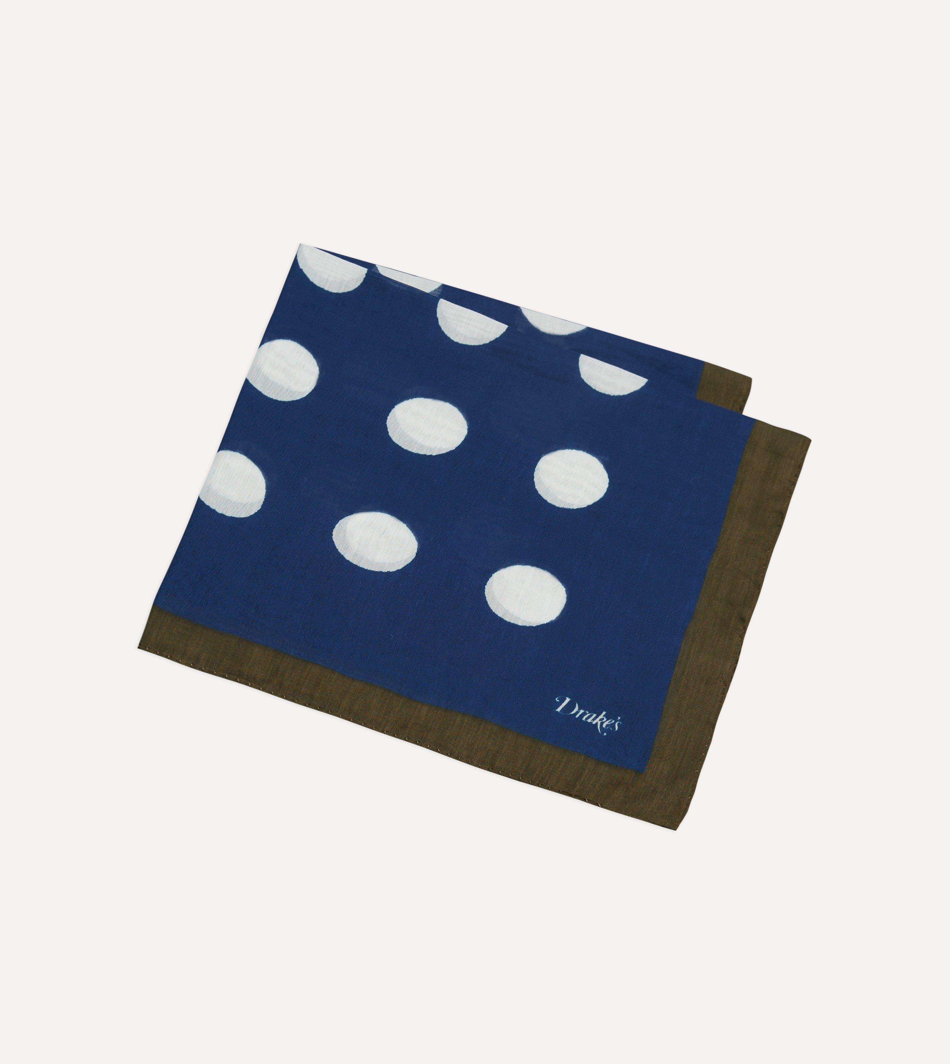 Olive, Navy and Ecru Large Spots Print Cotton-Silk Pocket Square - Image 4