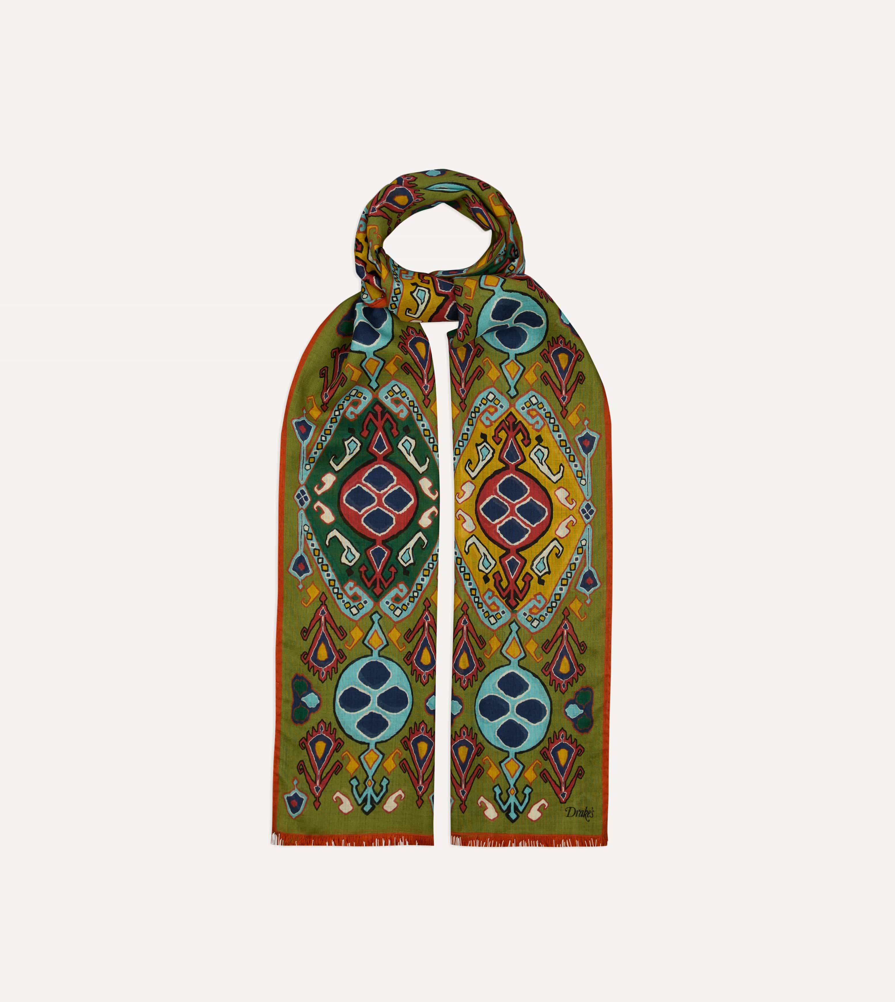 Olive Tapestry Print Wool Silk Scarf - Image 4