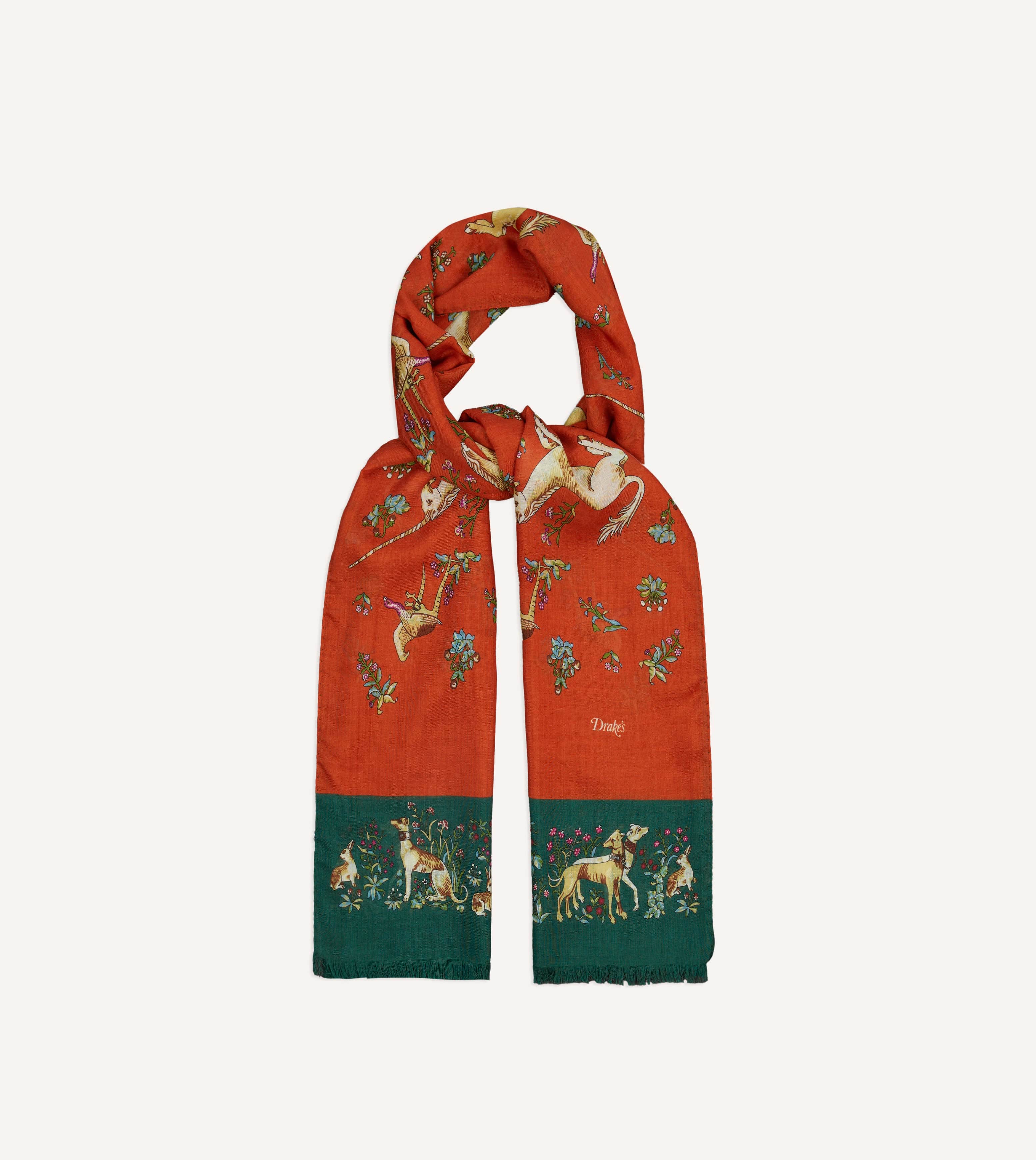 Orange and Green Unicorn Print Tubular Wool Silk Scarf - Image 3