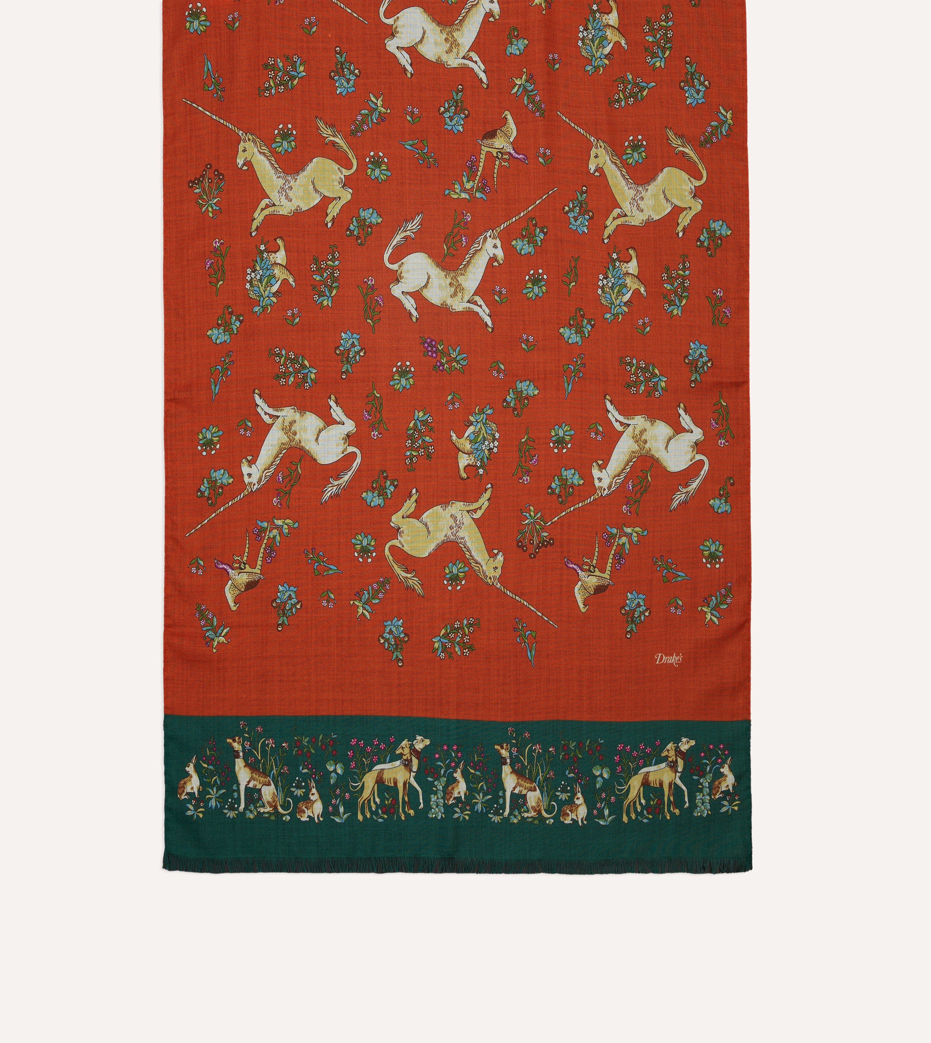 Orange and Green Unicorn Print Tubular Wool Silk Scarf - Image 4