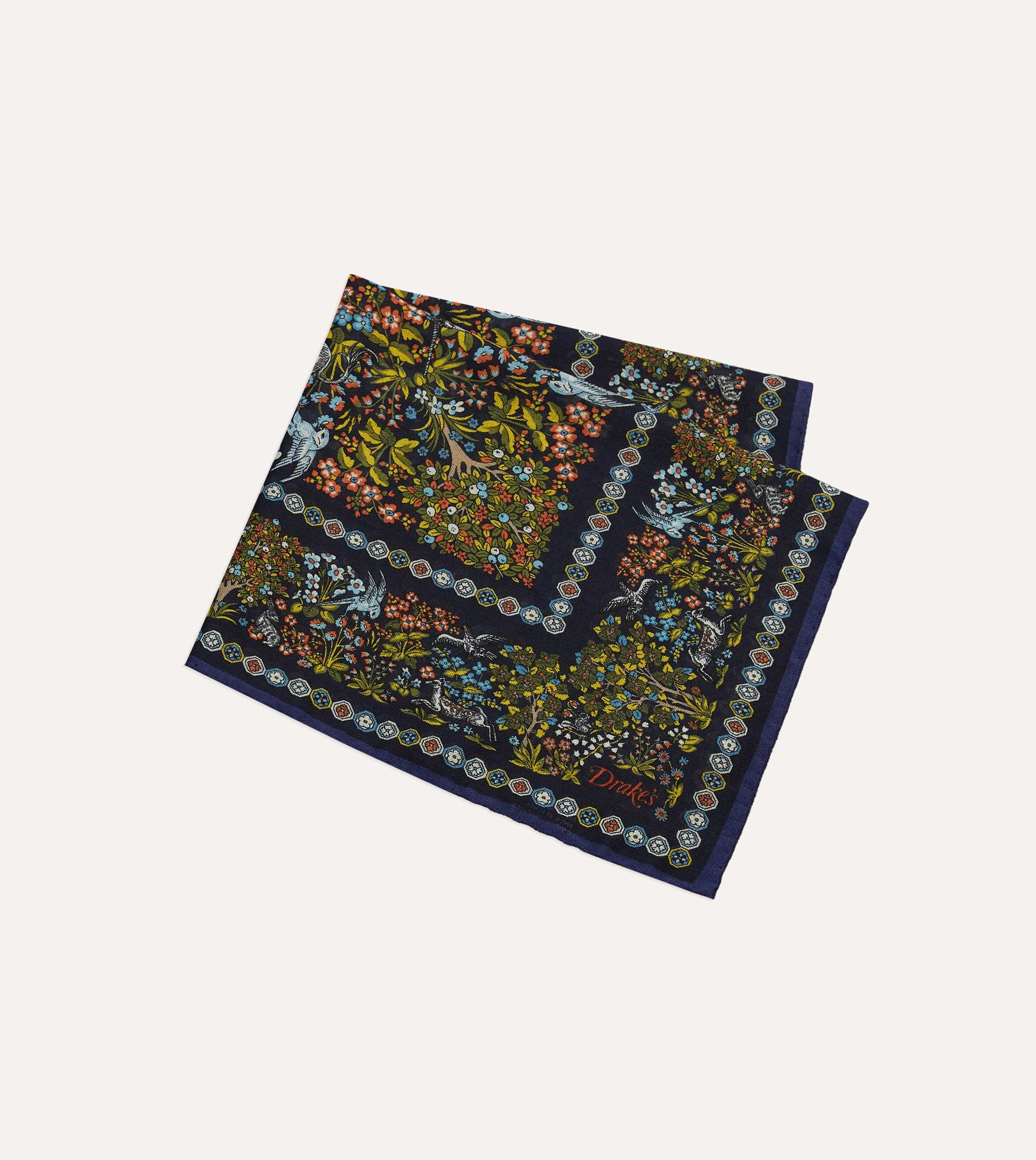 Orange Floral Unicorn Print Wool-Silk Pocket Square - Image 3