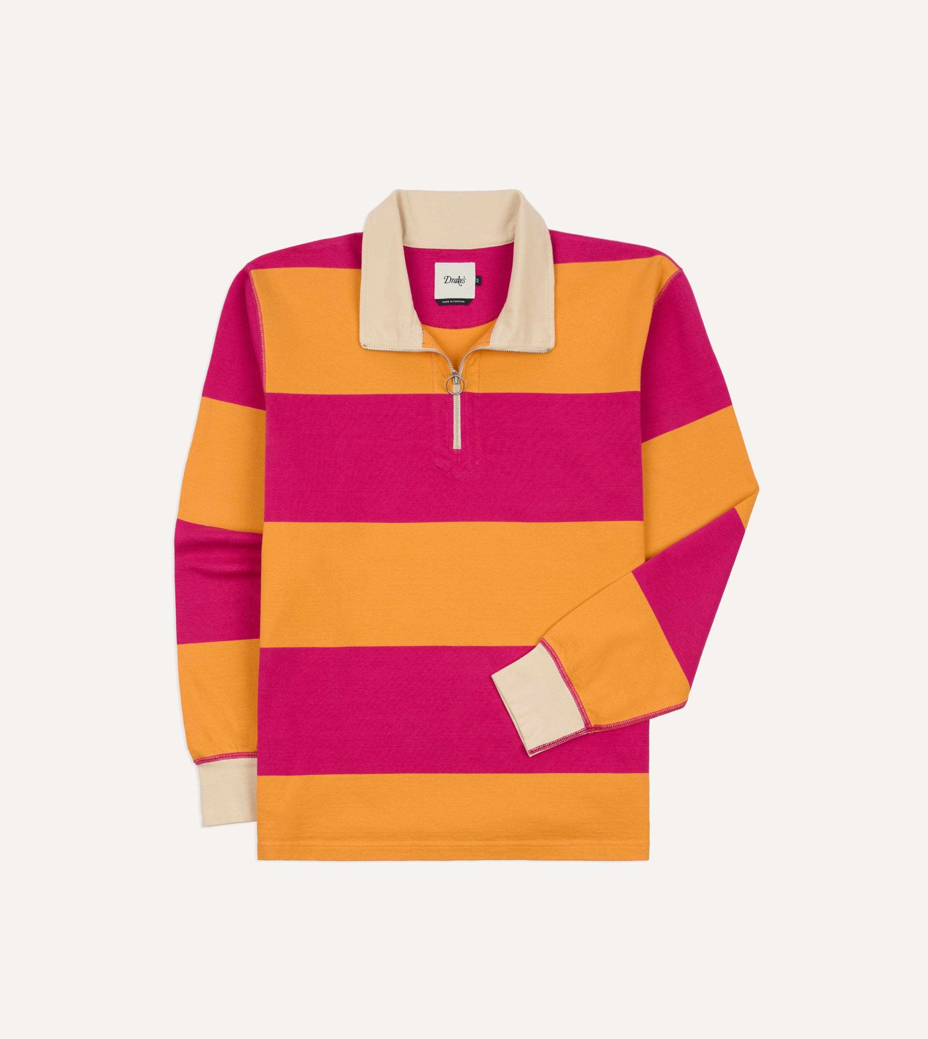 Pink and Orange Block Stripe Cotton Quarter Zip Rugby Shirt - Image 3