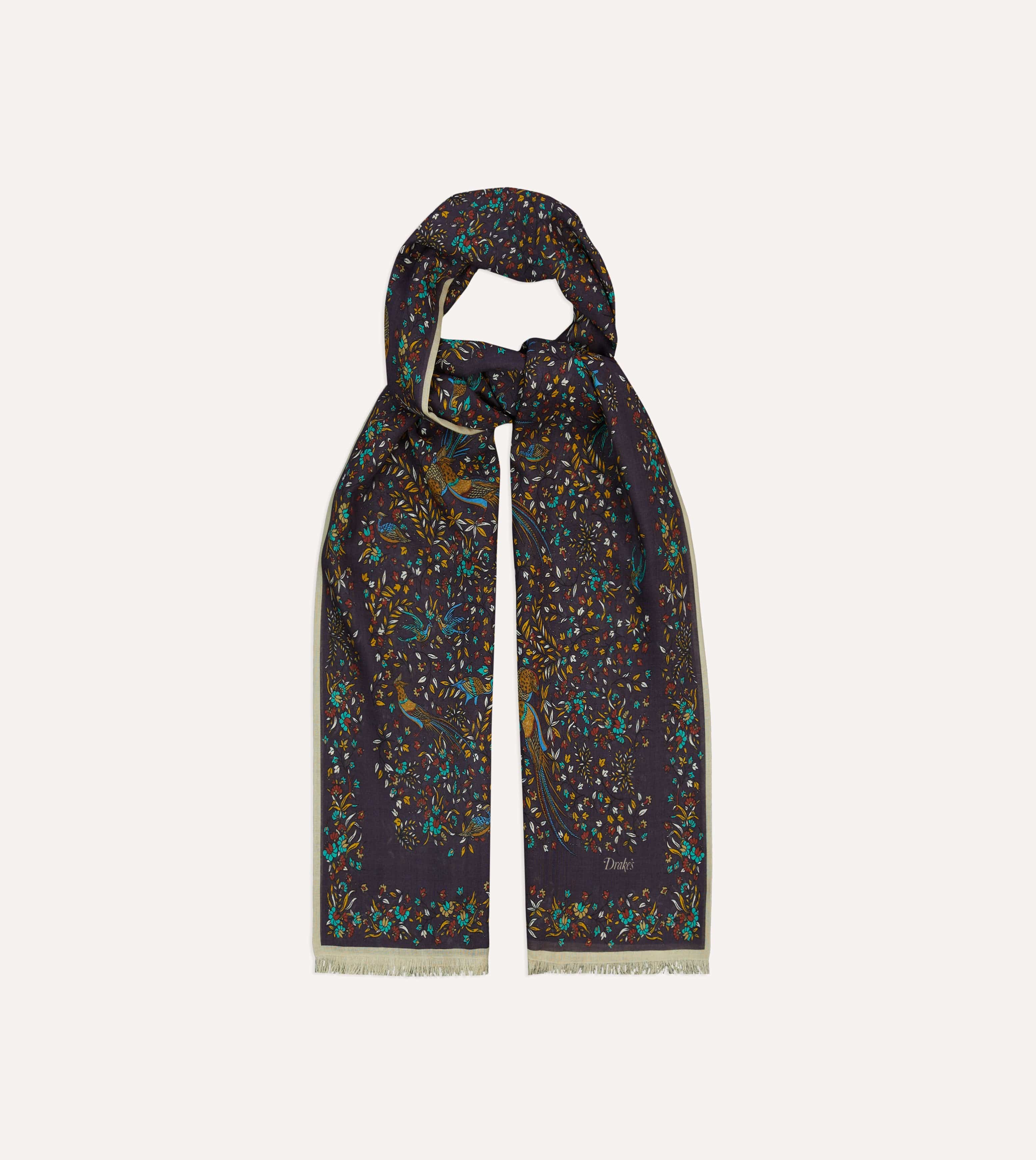 Purple Birds of Paradise Print Tubular Wool Silk Scarf - Image 4