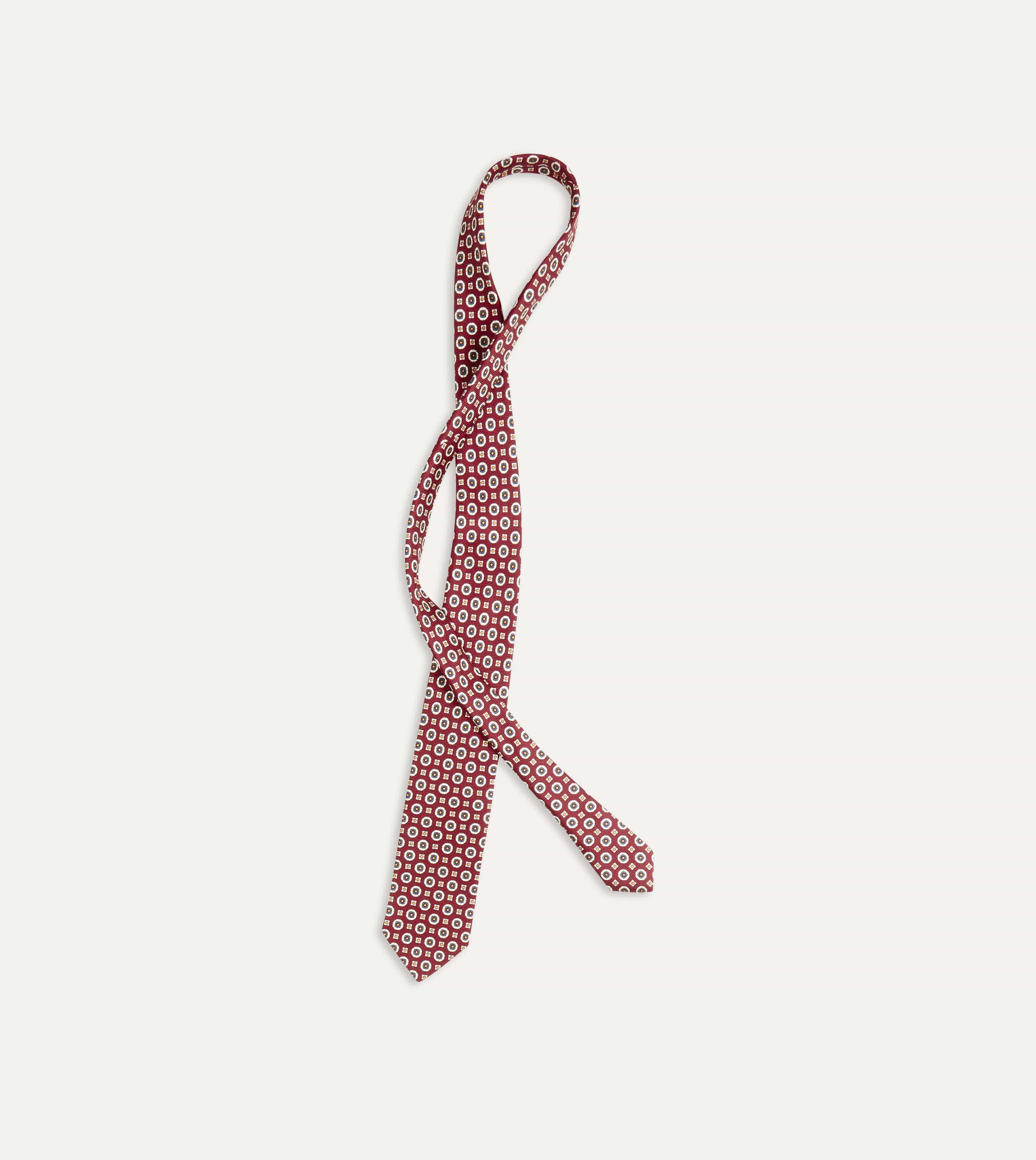 Red and Blue Geometric Medallion Print Silk Foulard Tie - Image 3