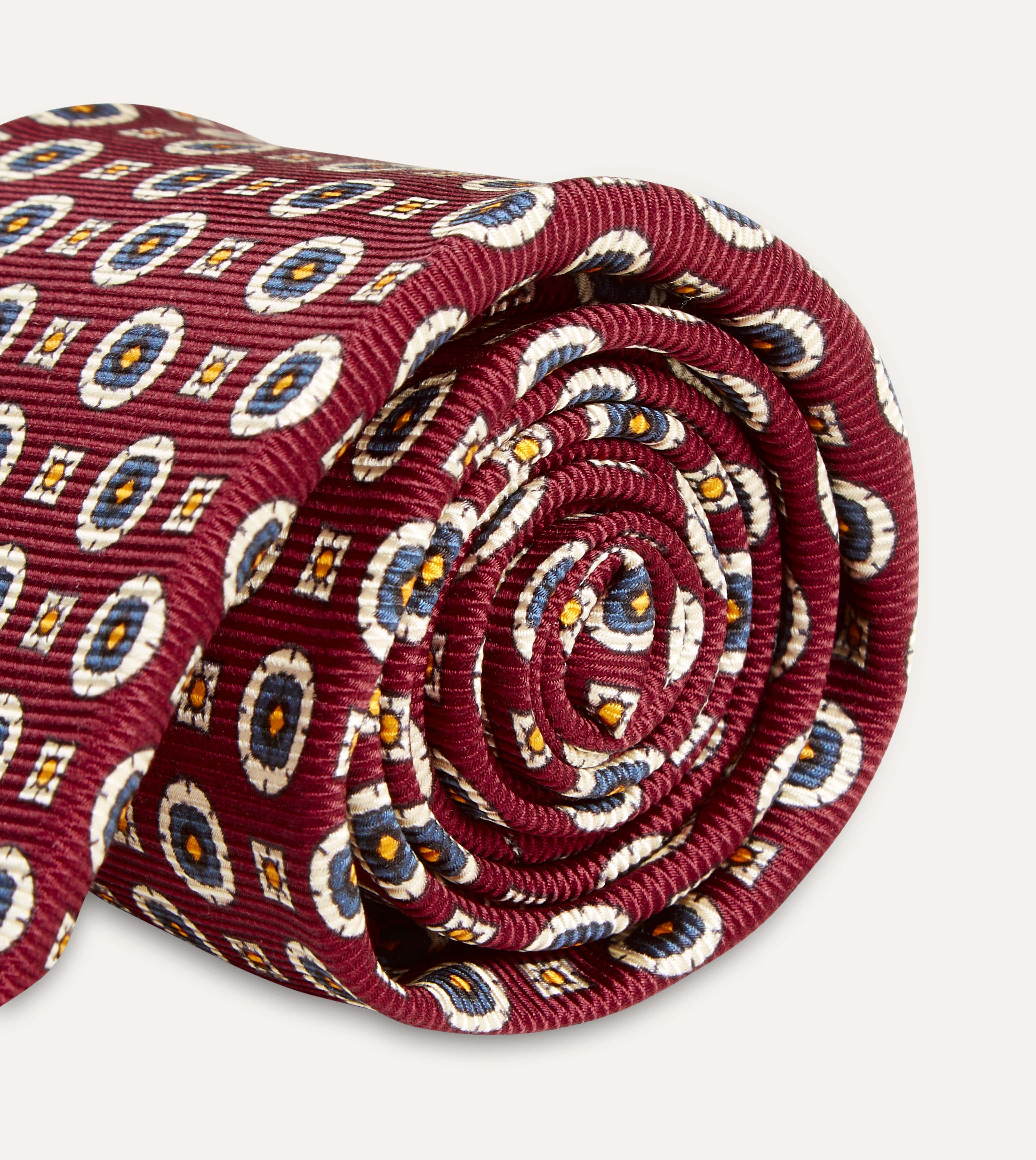 Red and Blue Geometric Medallion Print Silk Foulard Tie - Image 5