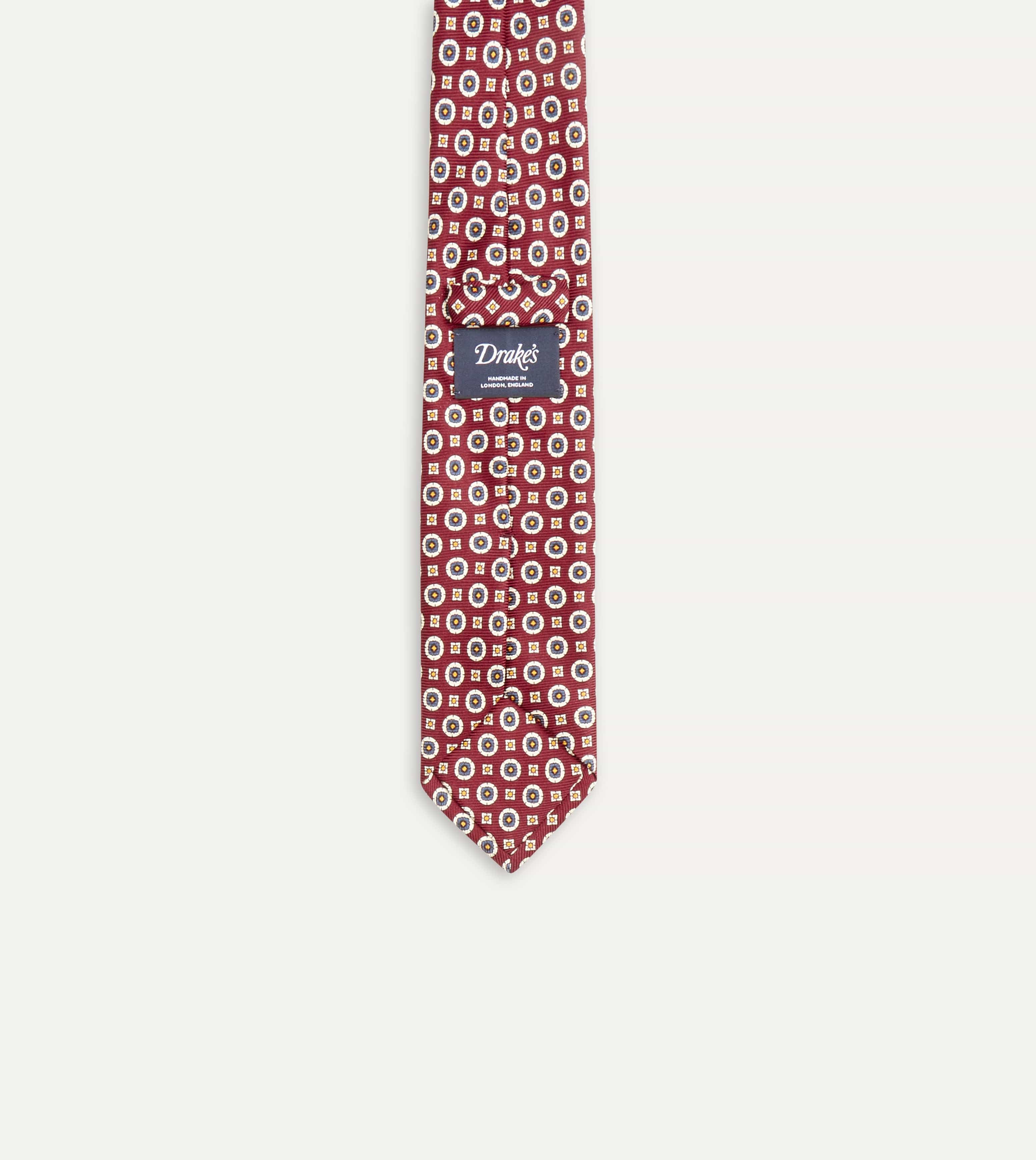 Red and Blue Geometric Medallion Print Silk Foulard Tie - Image 6