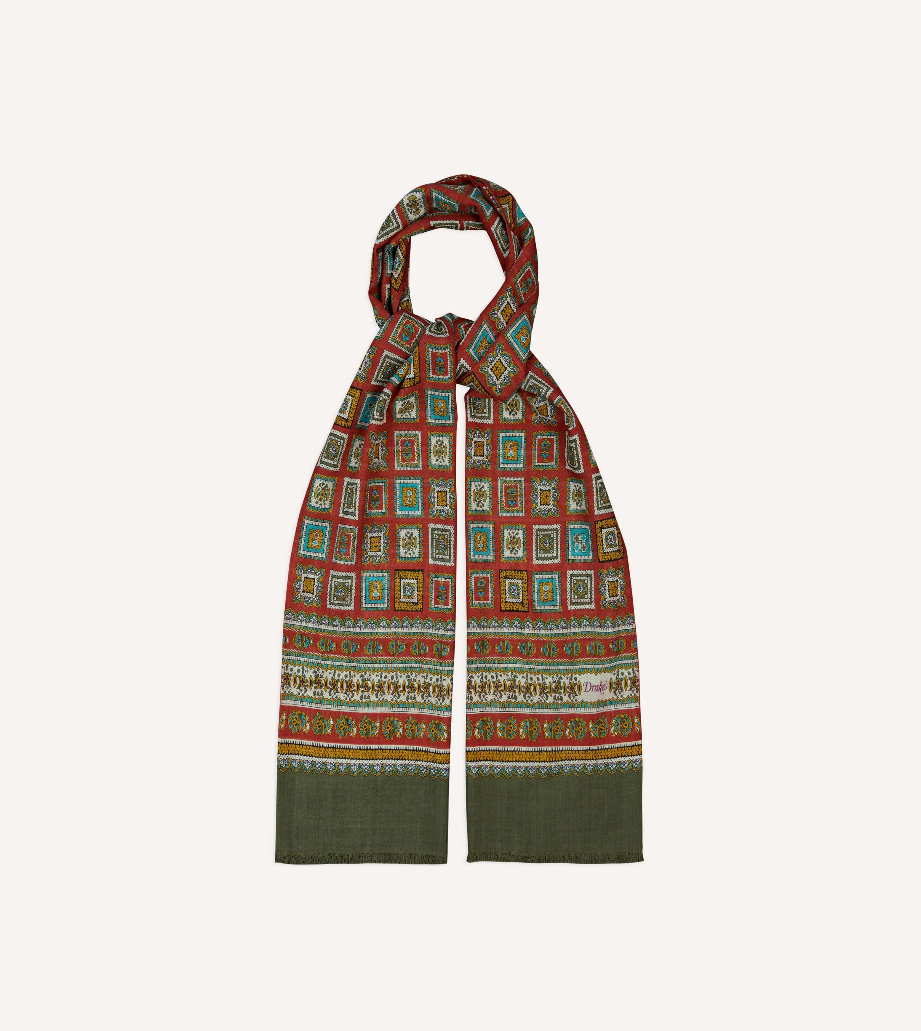 Red and Green Medallion Print Tubular Wool Silk Scarf - Image 4