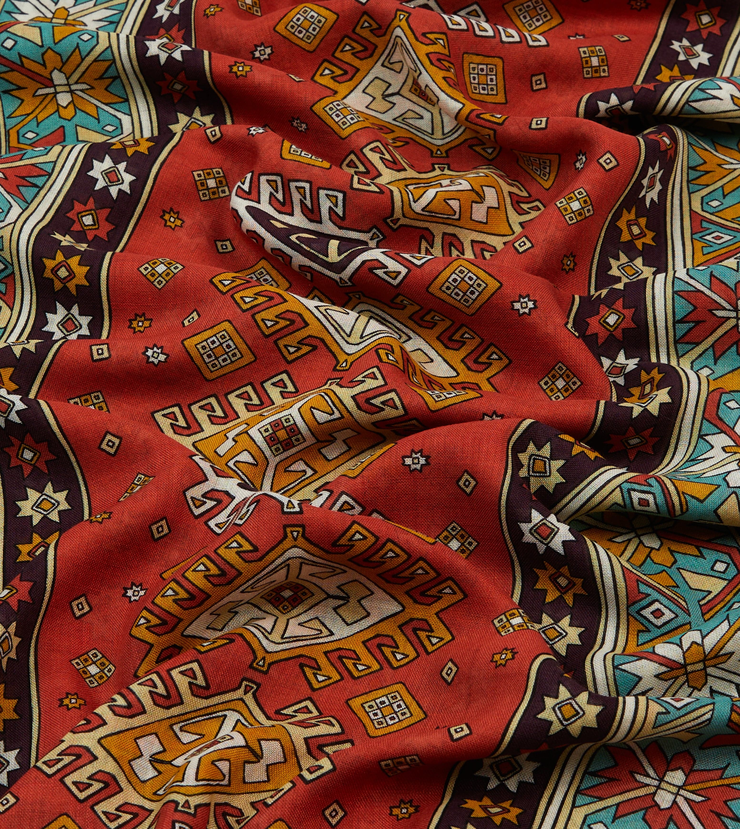 Red and Turquoise Kilim Print Tubular Wool Silk Scarf - Image 2