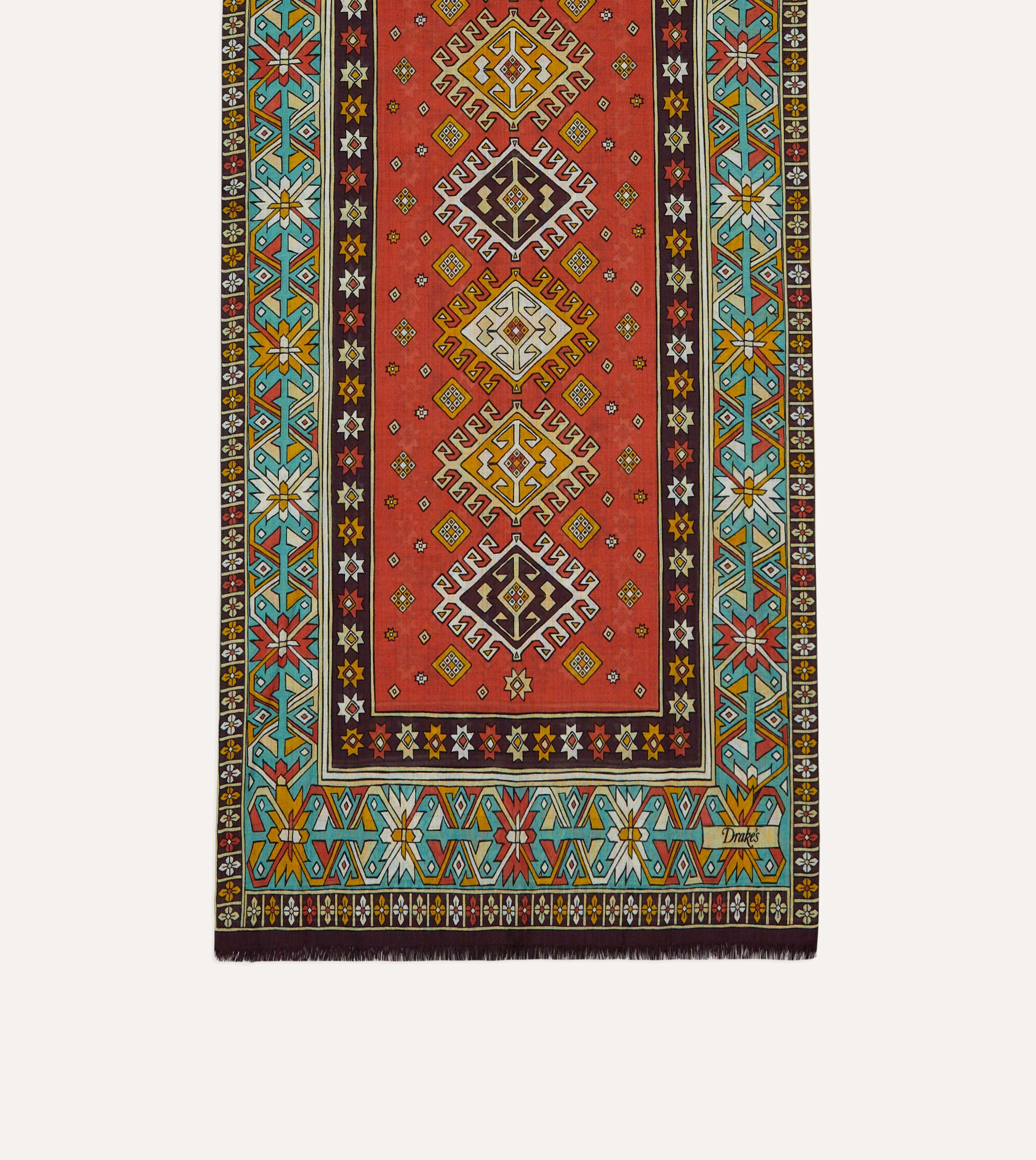 Red and Turquoise Kilim Print Tubular Wool Silk Scarf - Image 3