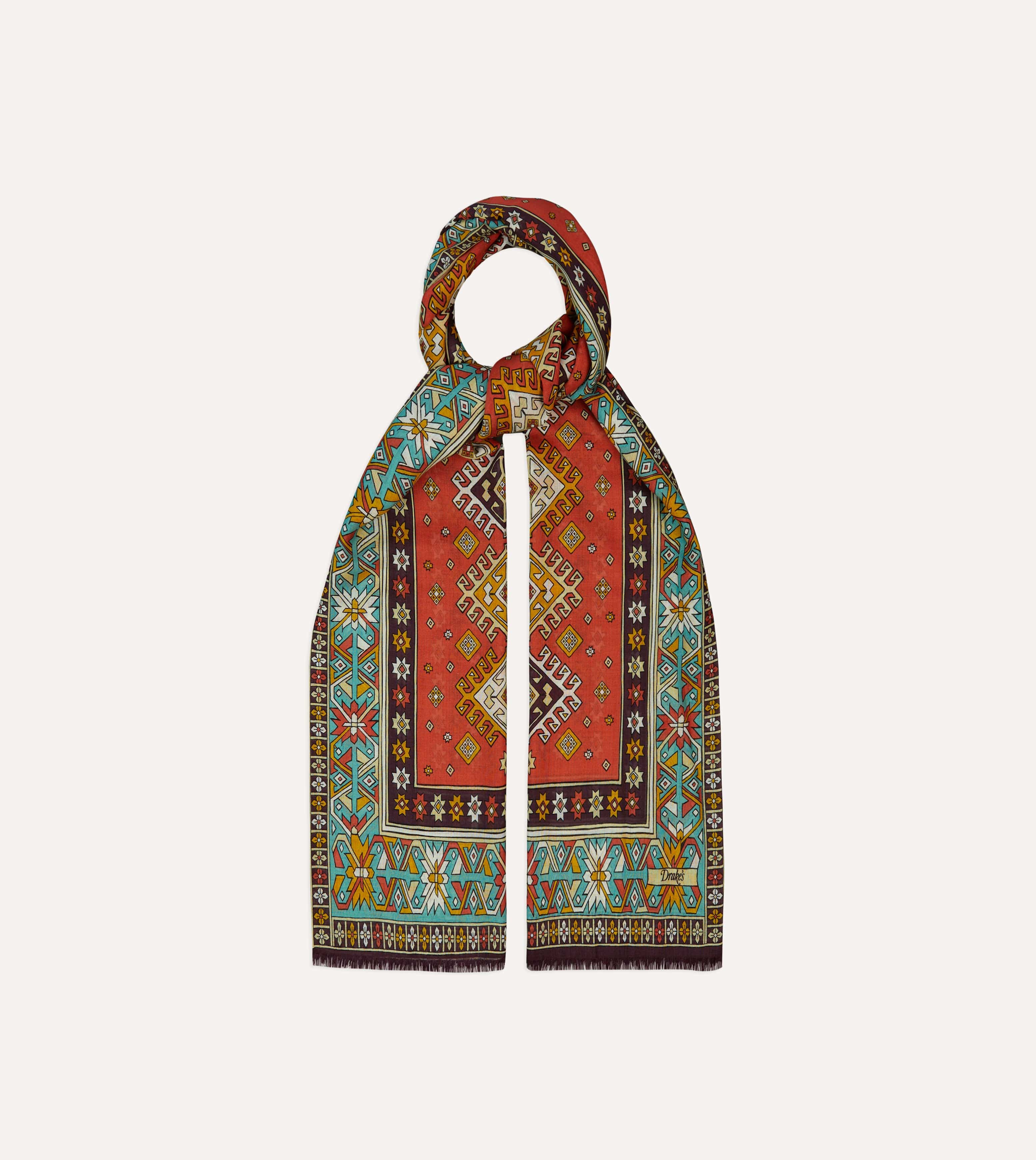 Red and Turquoise Kilim Print Tubular Wool Silk Scarf - Image 4