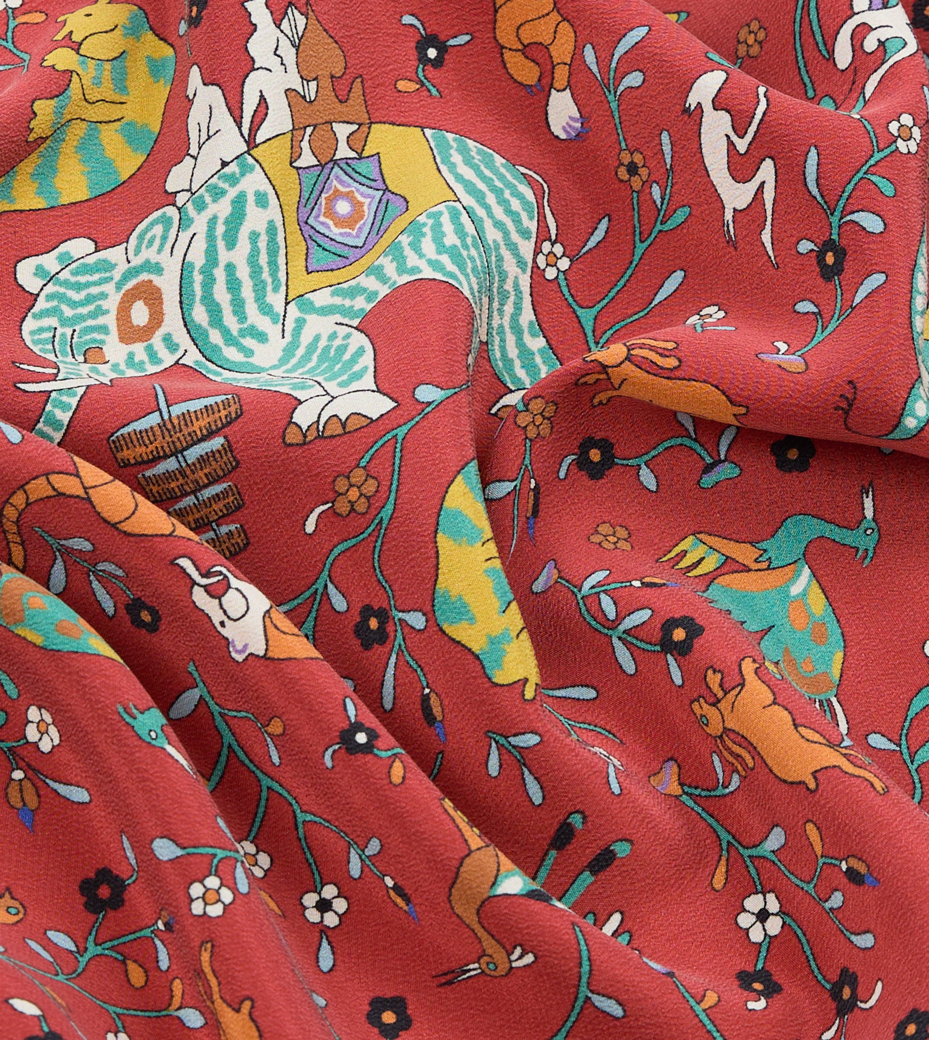 Red Animals and Flowers Print Silk Bandana - Image 3