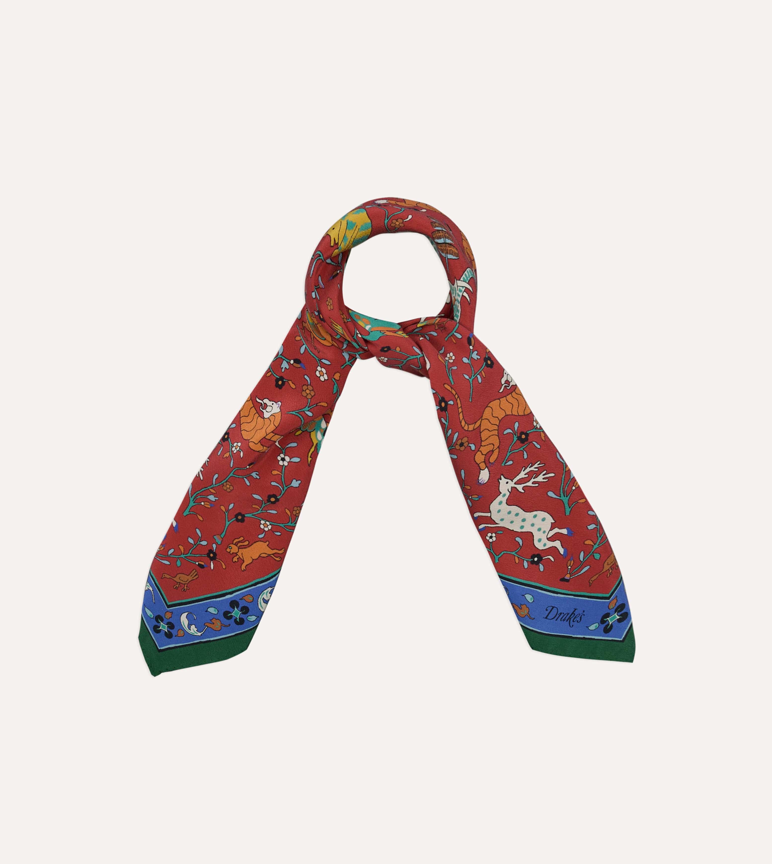 Red Animals and Flowers Print Silk Bandana - Image 4
