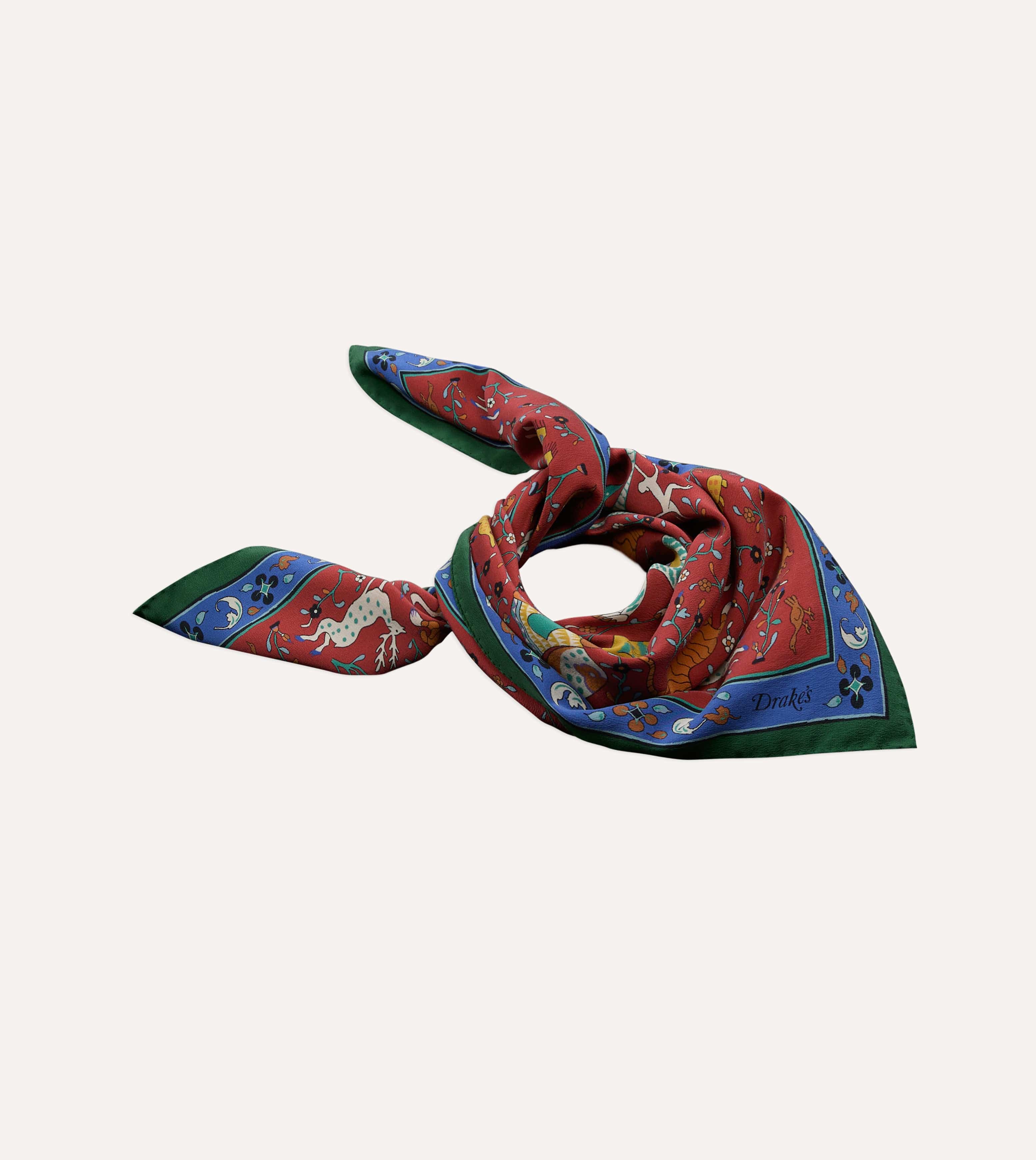 Red Animals and Flowers Print Silk Bandana - Image 5