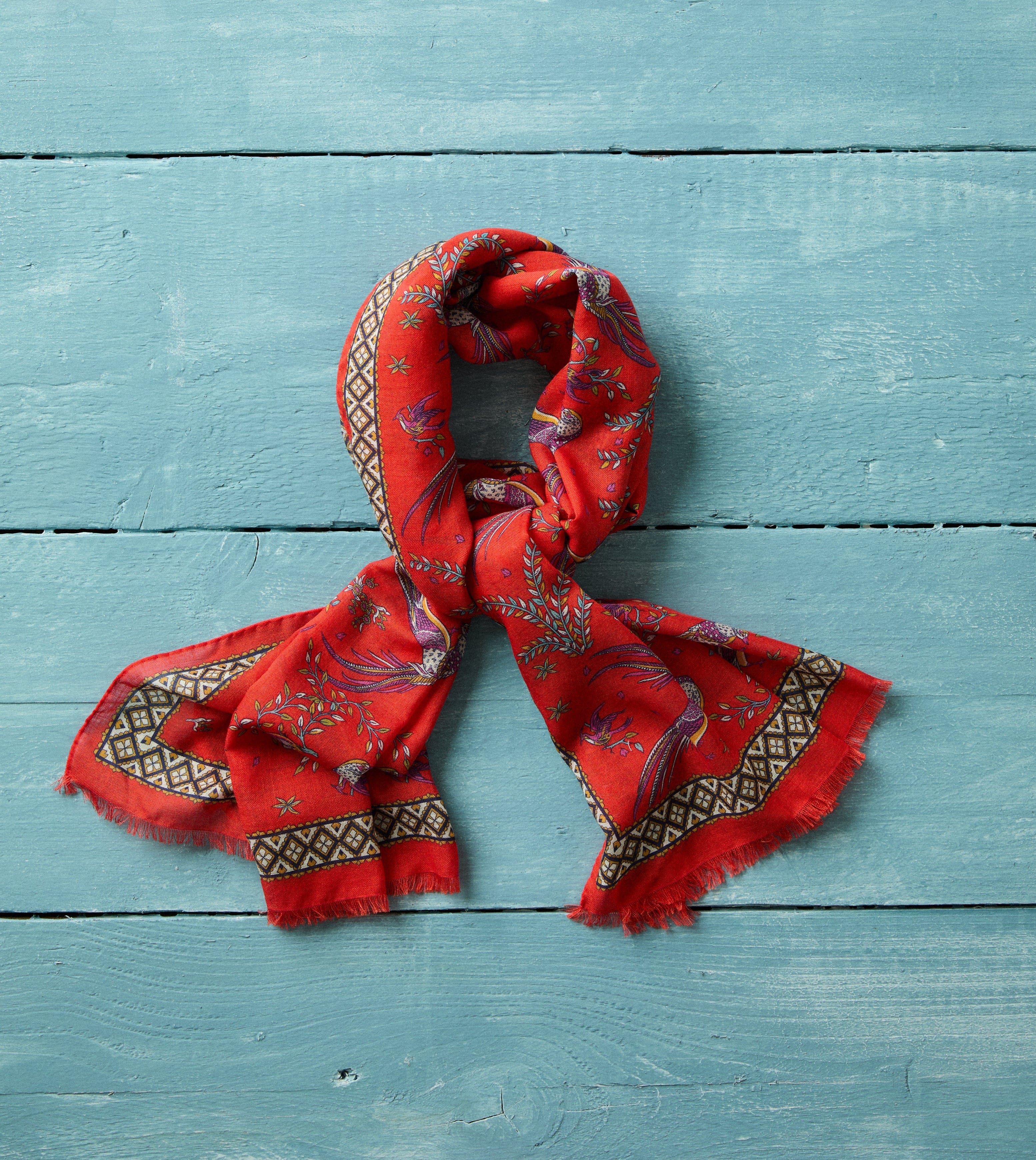 Red Birds of Paradise Print Wool Silk Scarf - Image 2