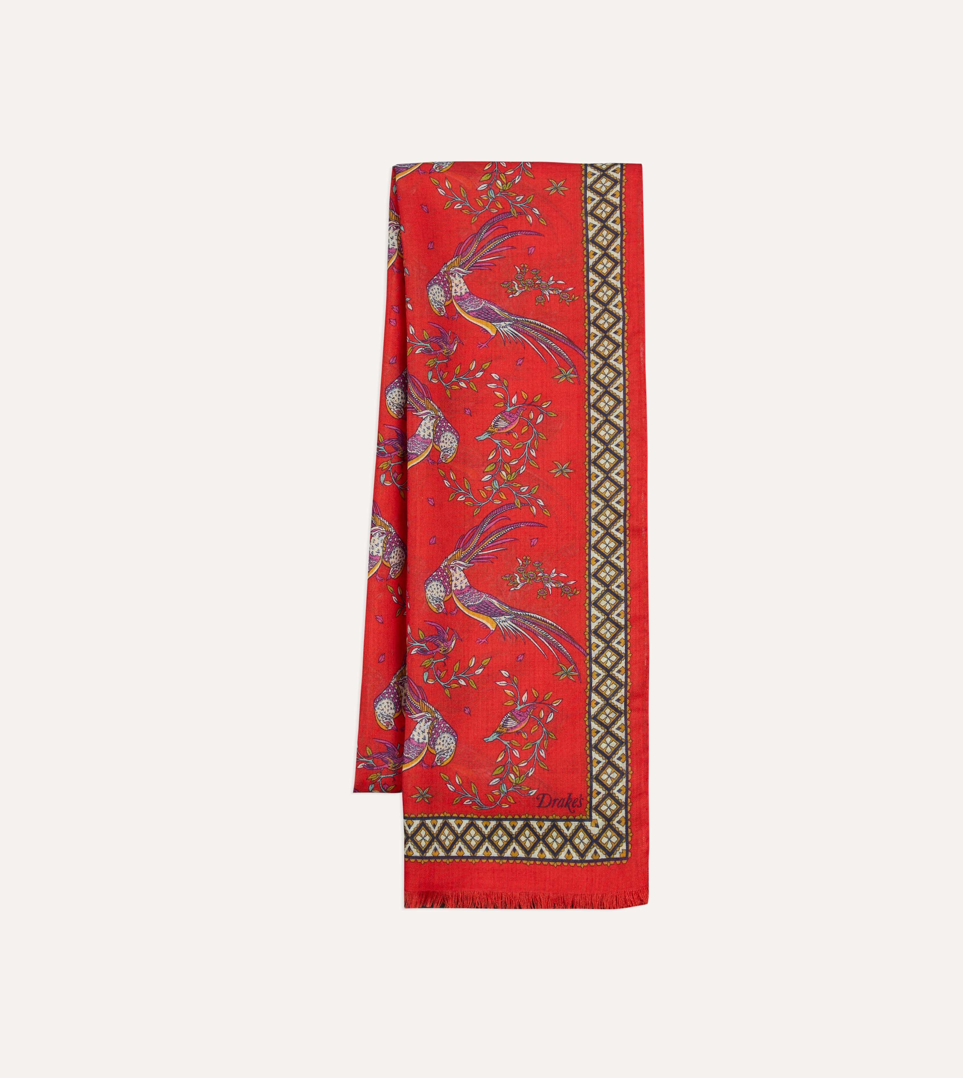 Red Birds of Paradise Print Wool Silk Scarf - Image 3