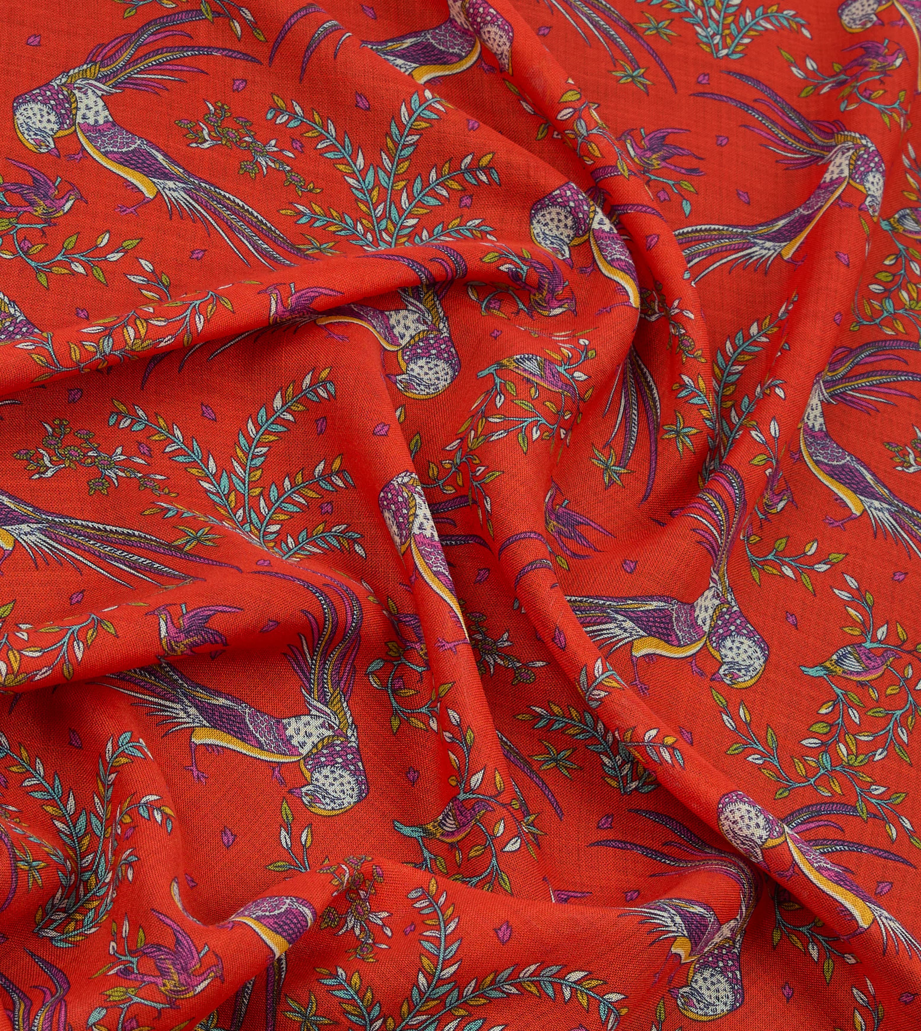 Red Birds of Paradise Print Wool Silk Scarf - Image 4