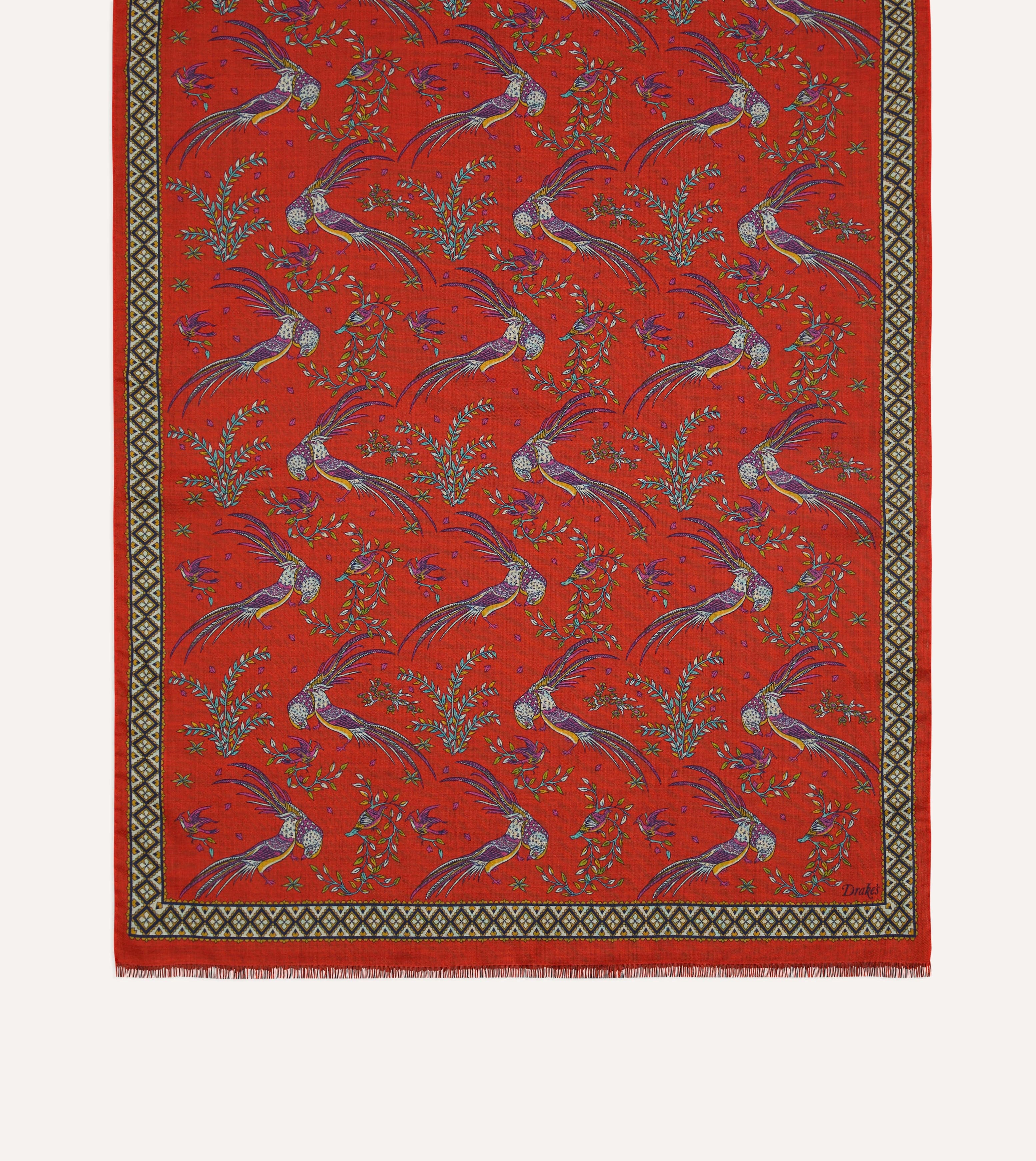 Red Birds of Paradise Print Wool Silk Scarf - Image 5