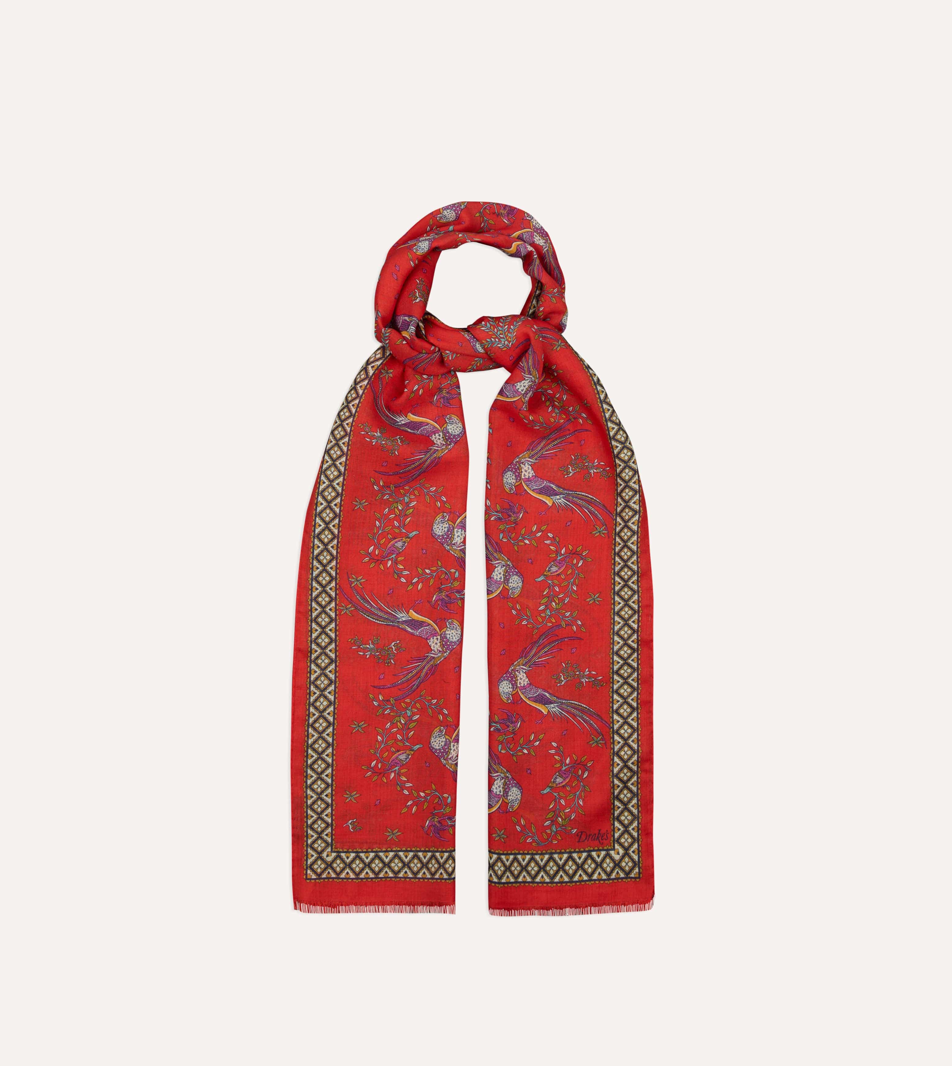 Red Birds of Paradise Print Wool Silk Scarf - Image 6