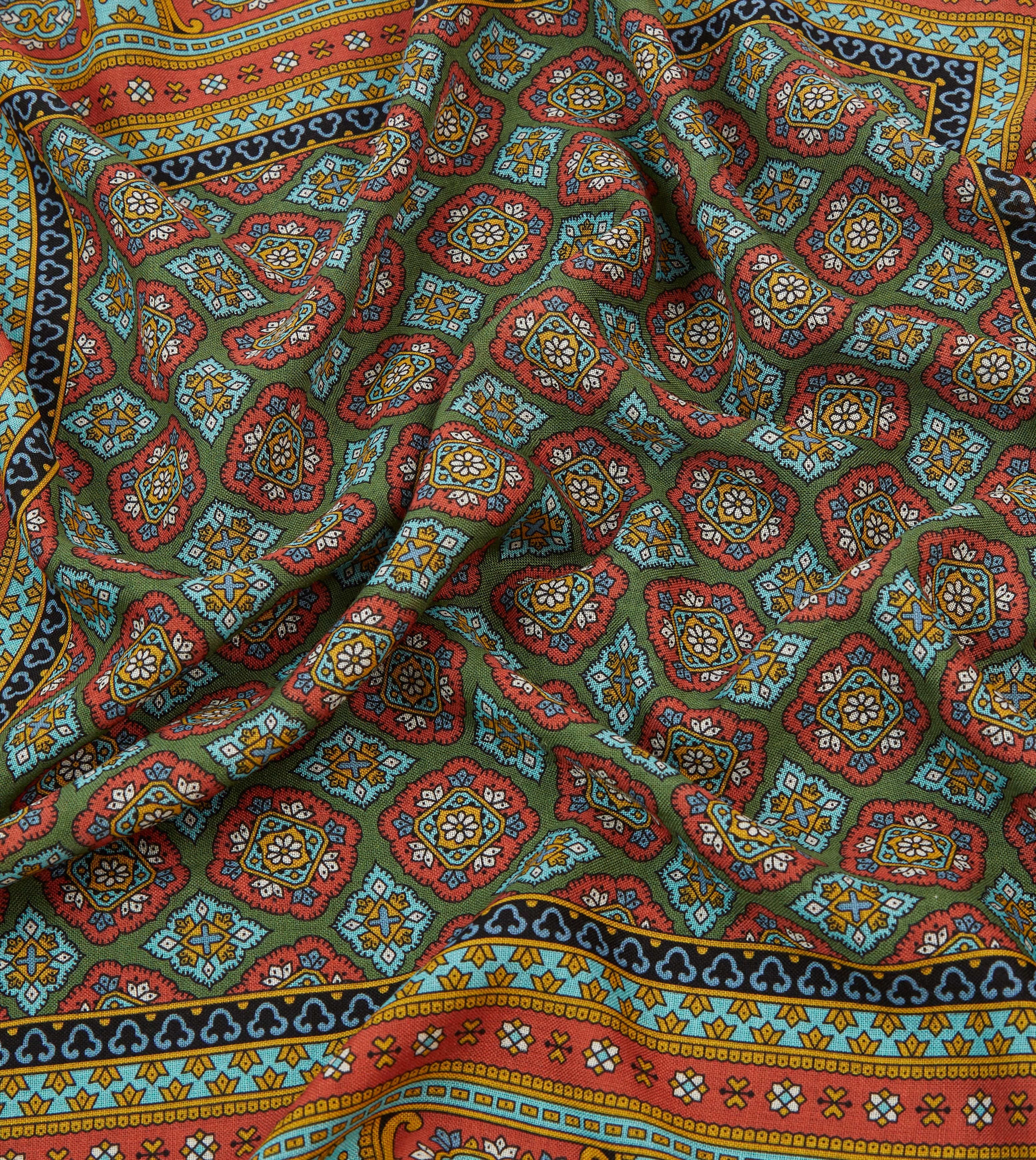 Red, Blue and Gold Floral Medallion Print Wool-Silk Bandana - Image 2