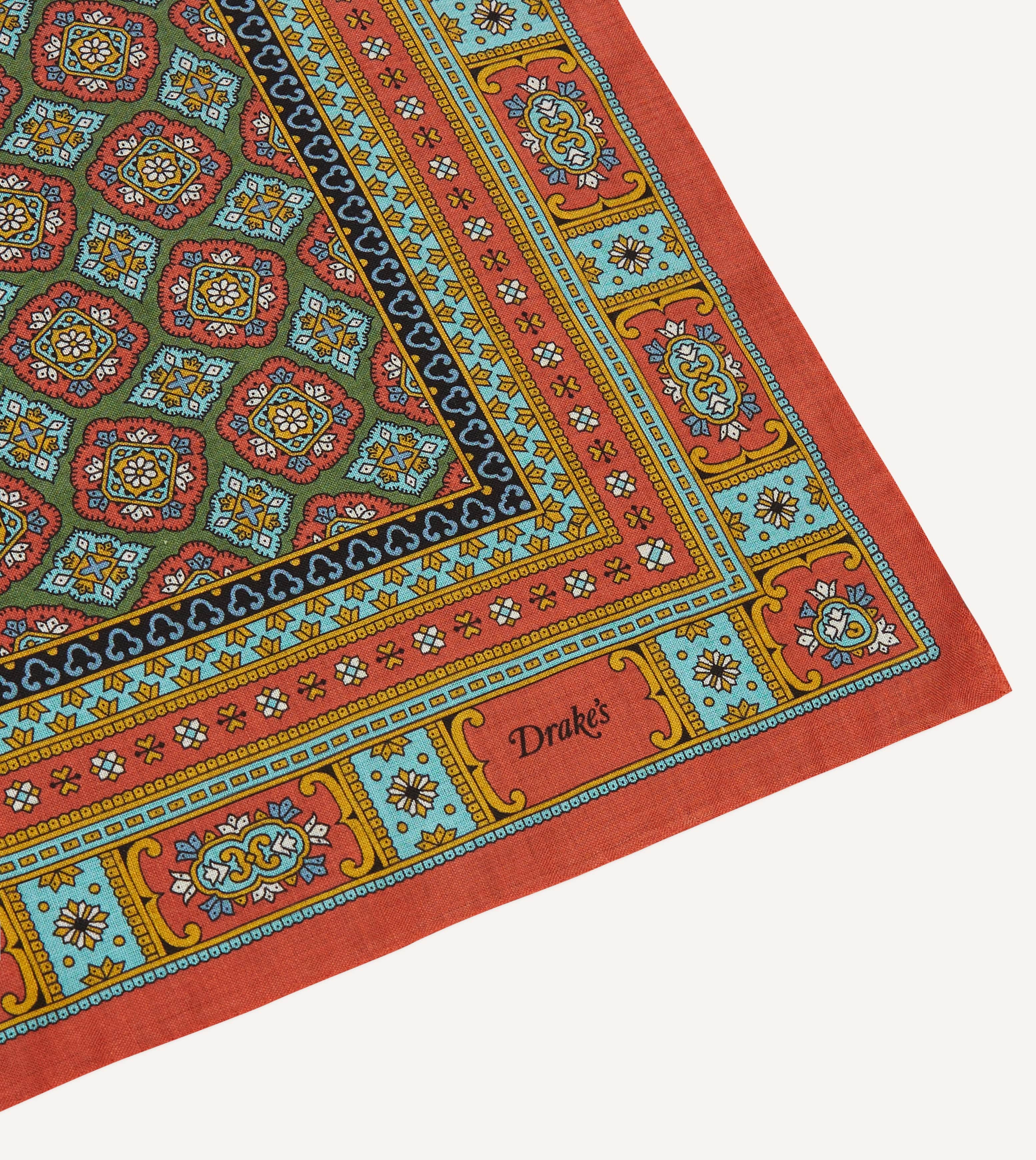 Red, Blue and Gold Floral Medallion Print Wool-Silk Bandana - Image 3