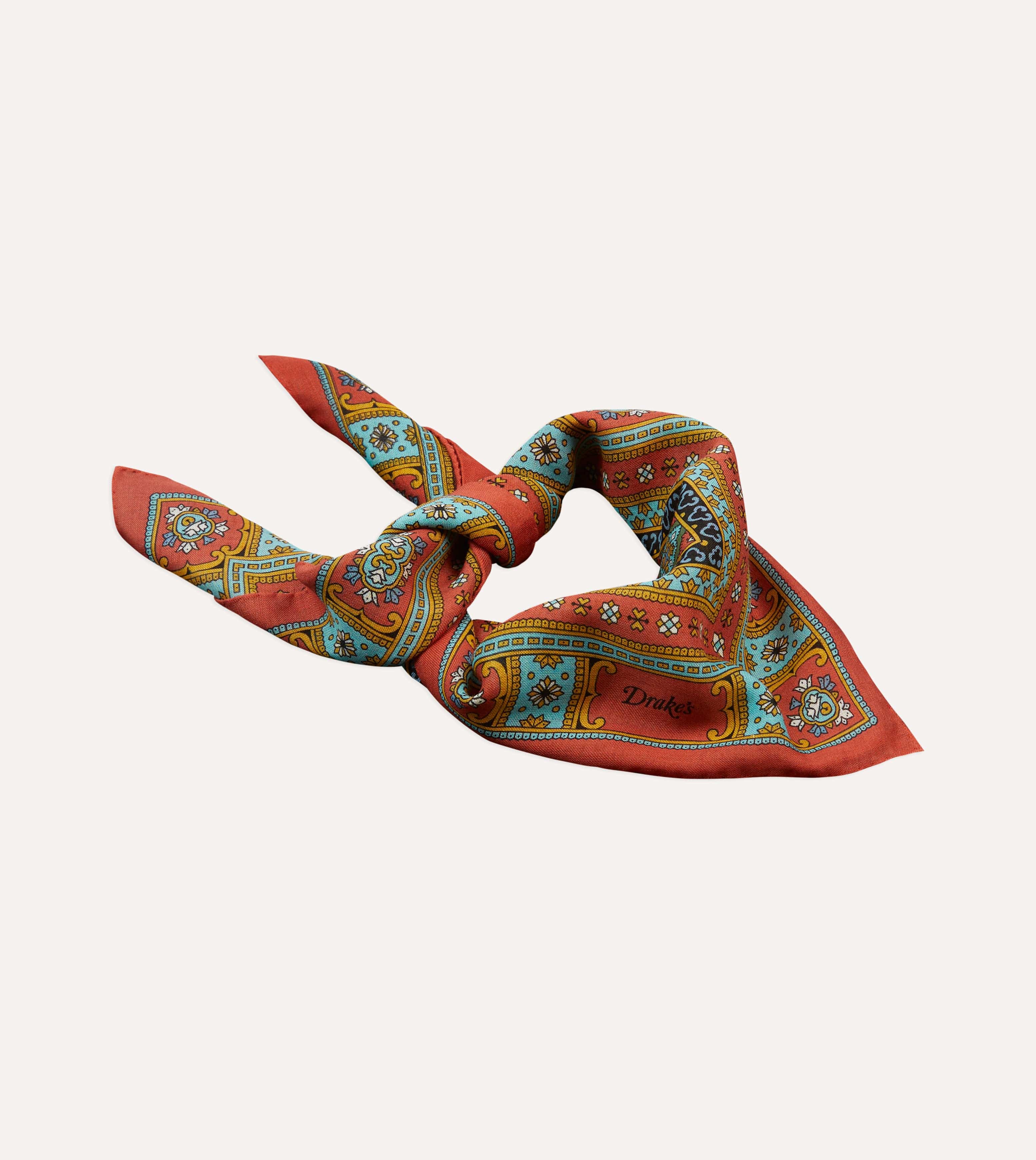Red, Blue and Gold Floral Medallion Print Wool-Silk Bandana - Image 4