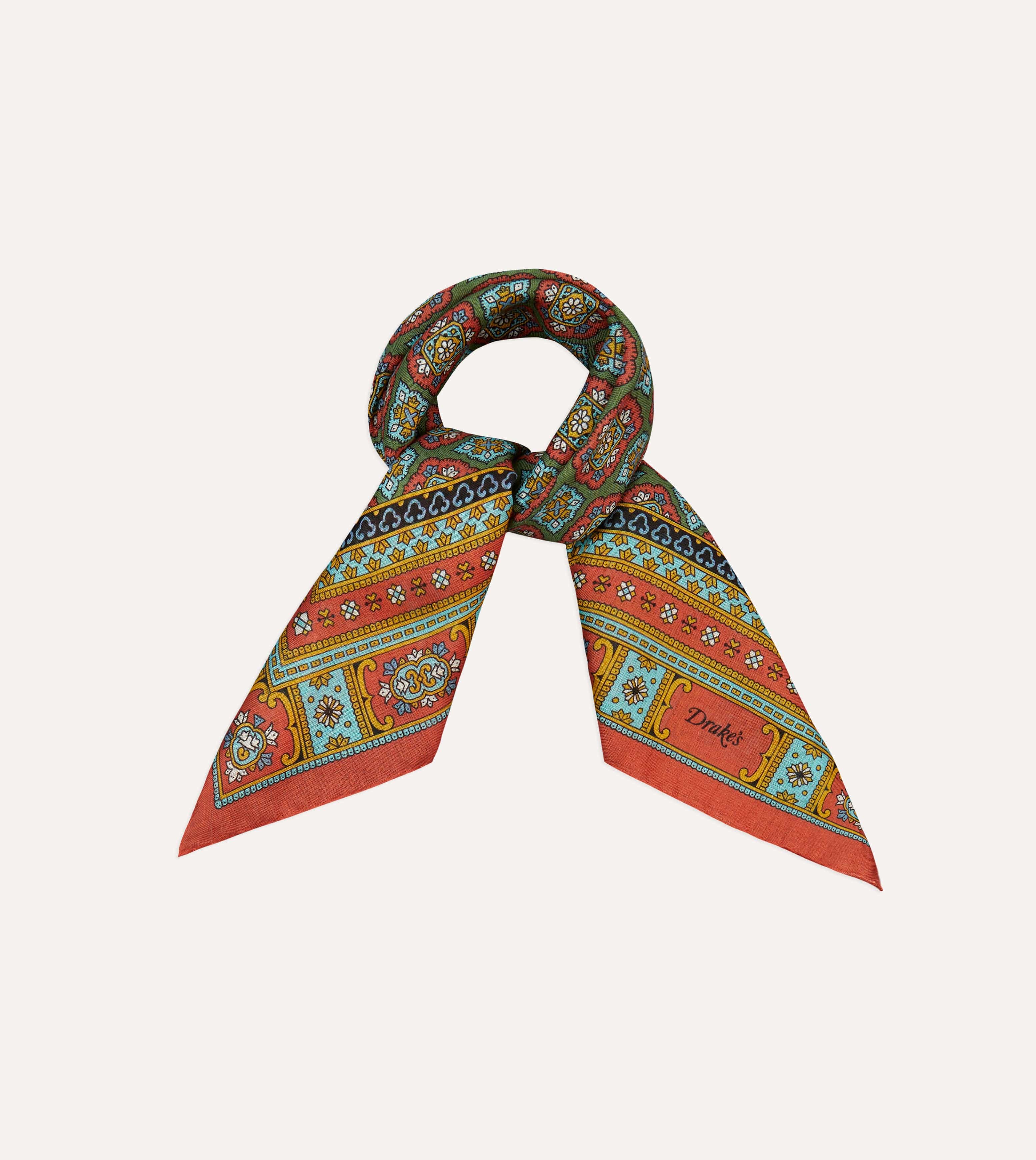 Red, Blue and Gold Floral Medallion Print Wool-Silk Bandana - Image 5