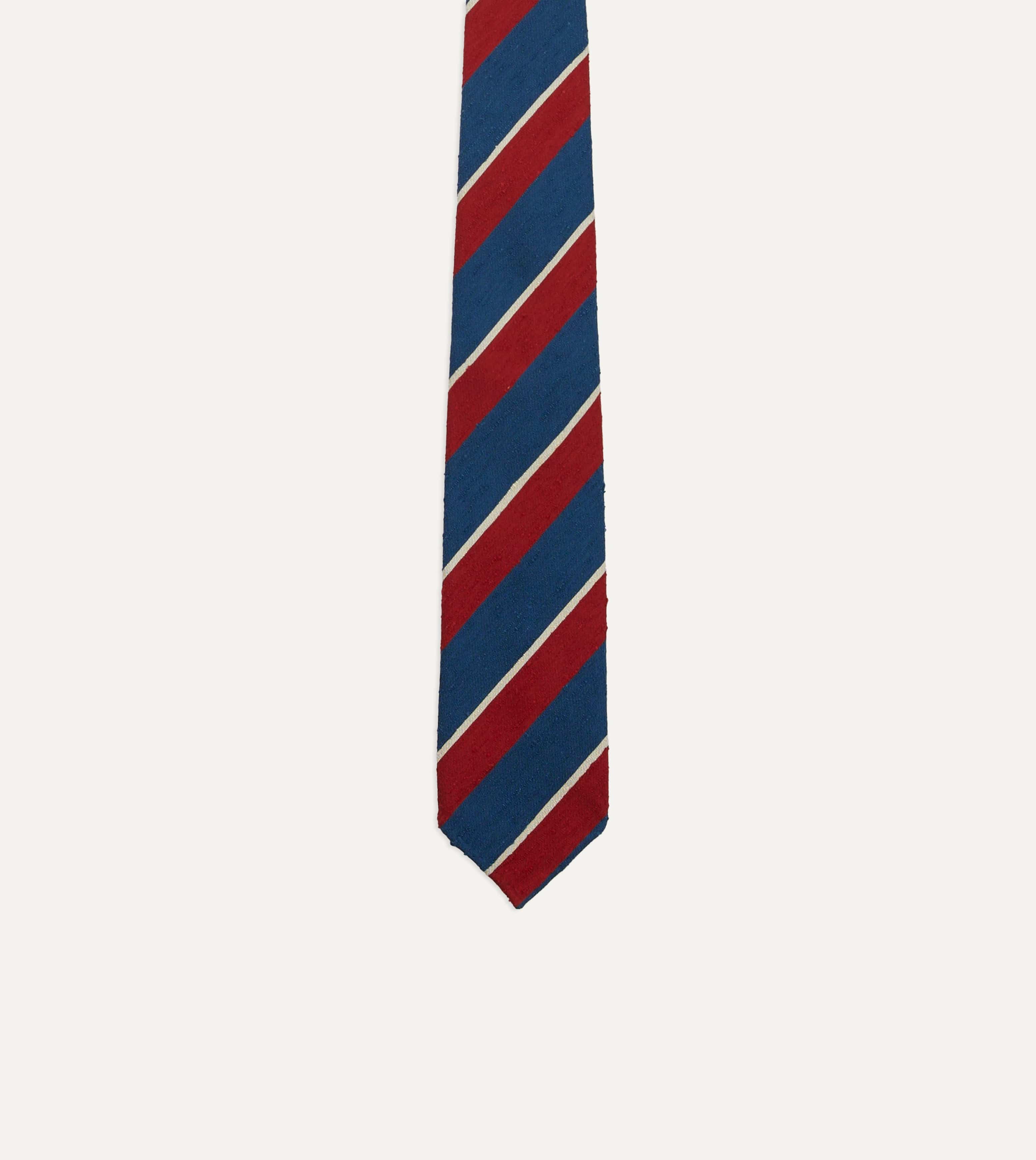 Red, Blue and White Stripe Shantung Silk Tie - Image 4