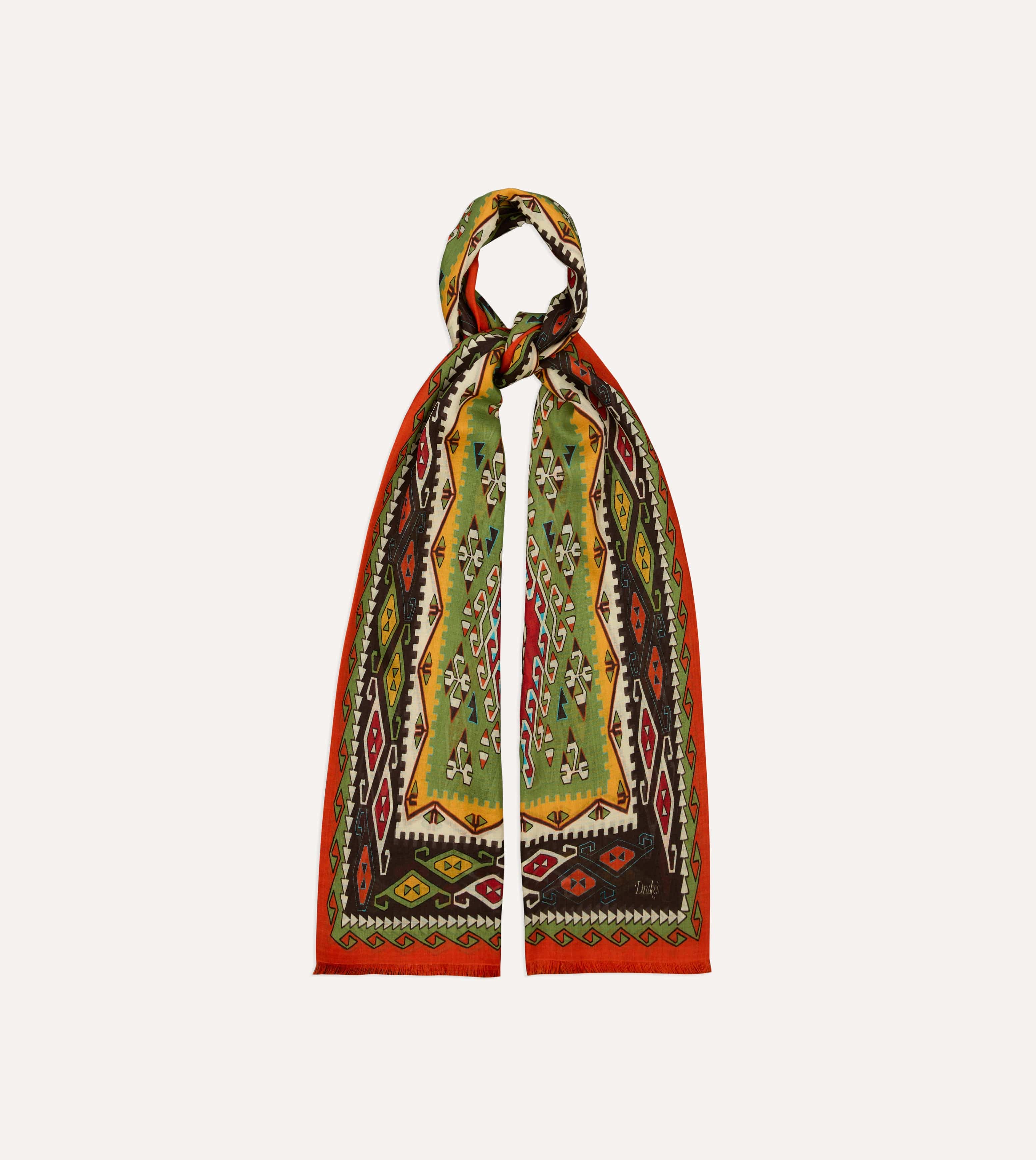 Red Kilim Print Tubular Wool Silk Scarf - Image 4