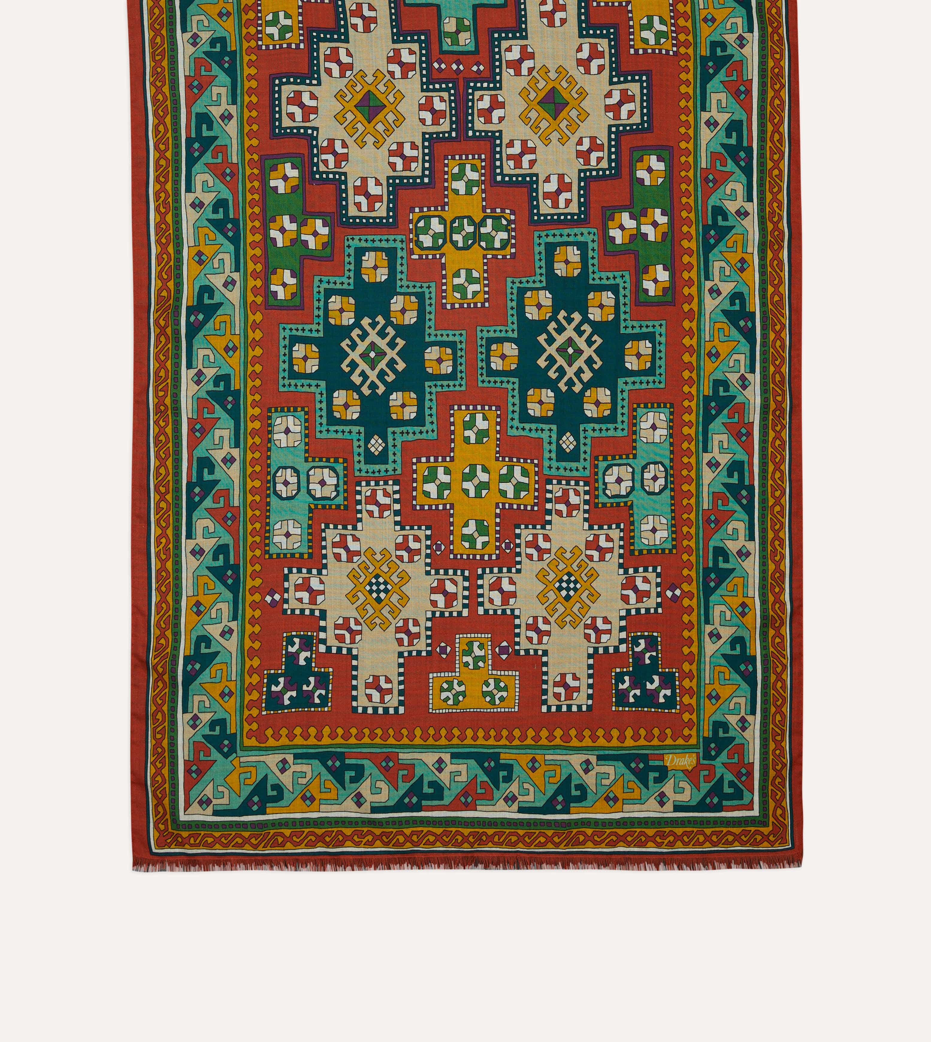 Red Kilim Print Wool-Silk Scarf - Image 3
