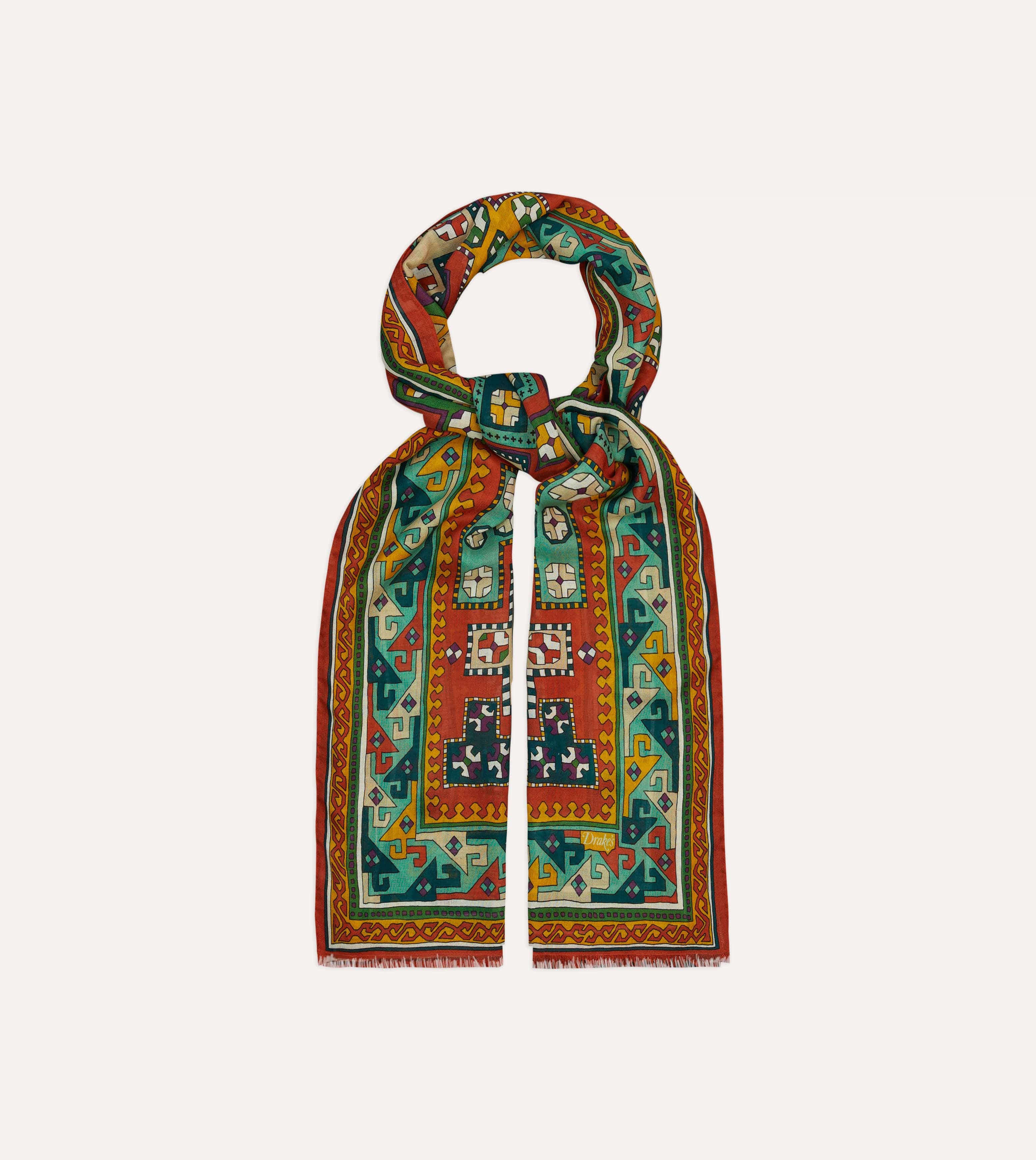 Red Kilim Print Wool-Silk Scarf - Image 4