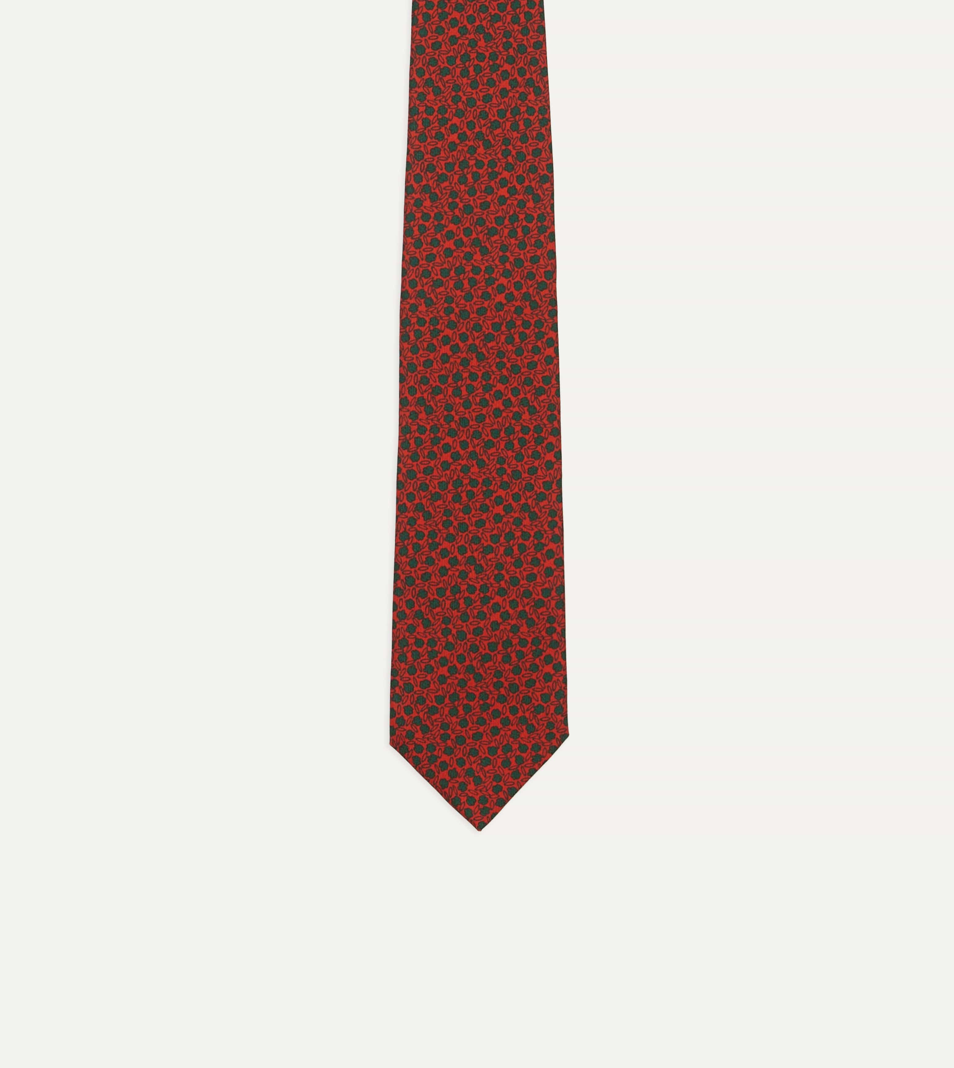 Red Mini Leaves Print Foulard Silk Self Tipped Tie - Image 4