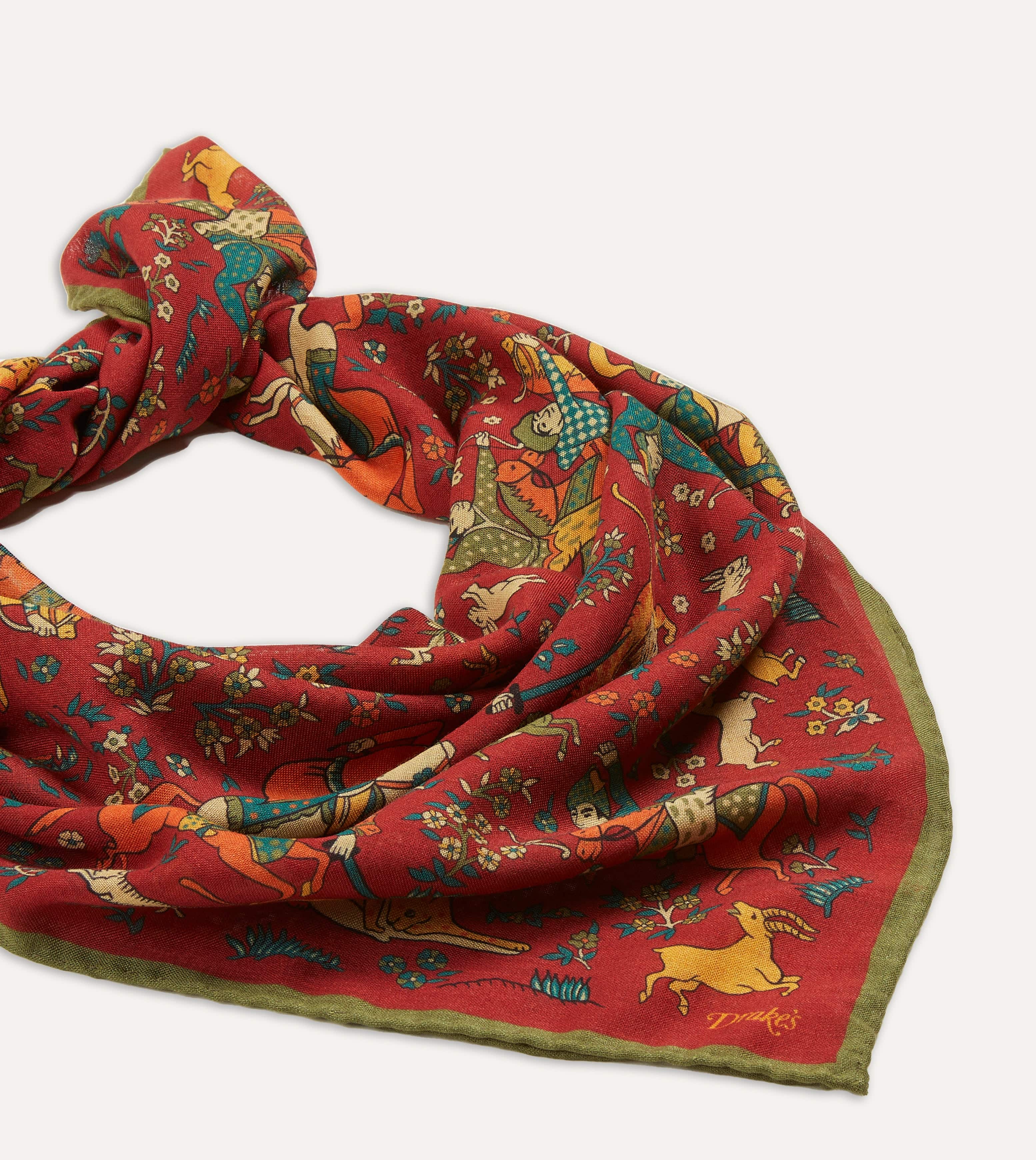 Red Mughal Print Wool-Silk Square Scarf - Image 3