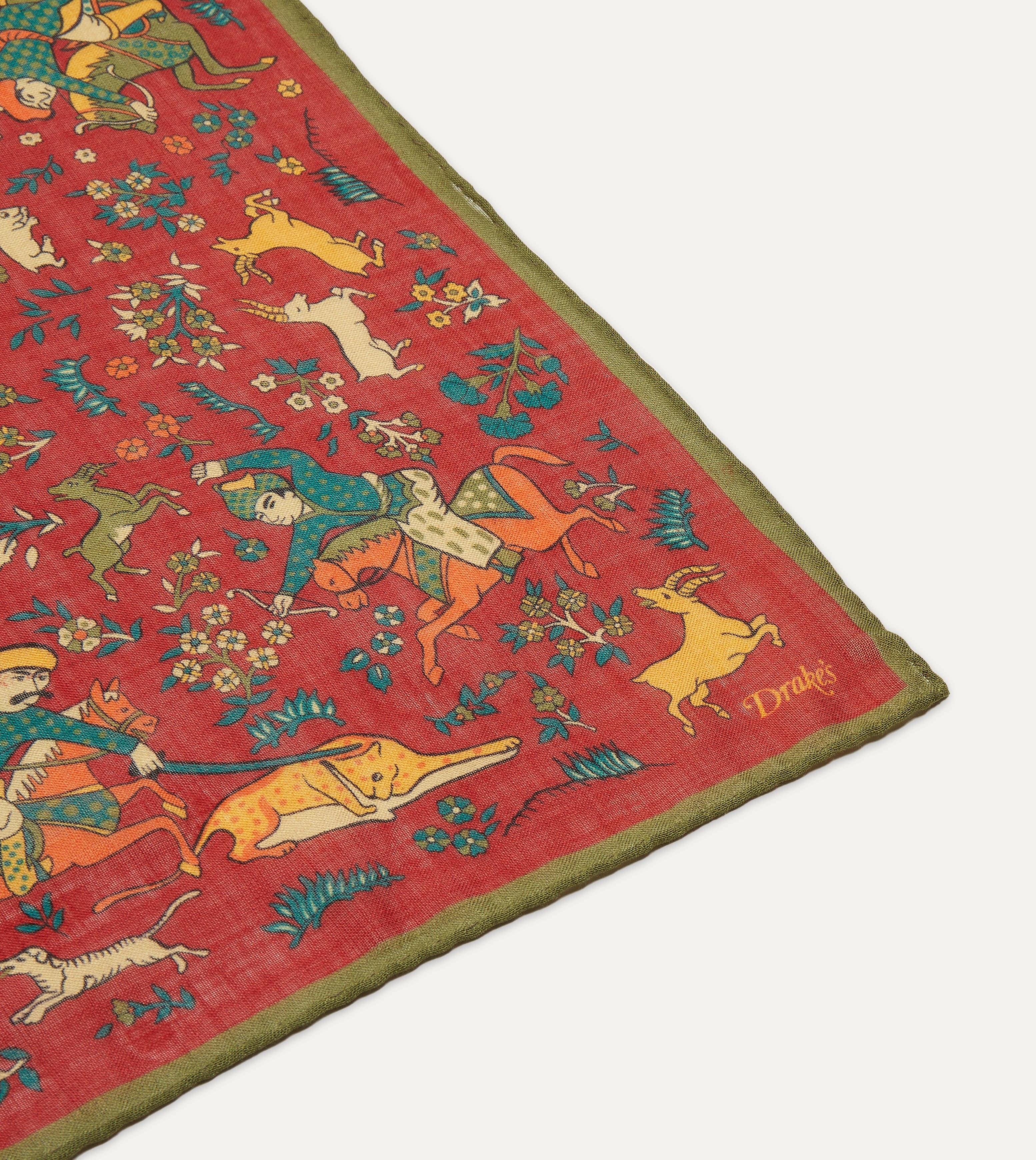 Red Mughal Print Wool-Silk Square Scarf - Image 5