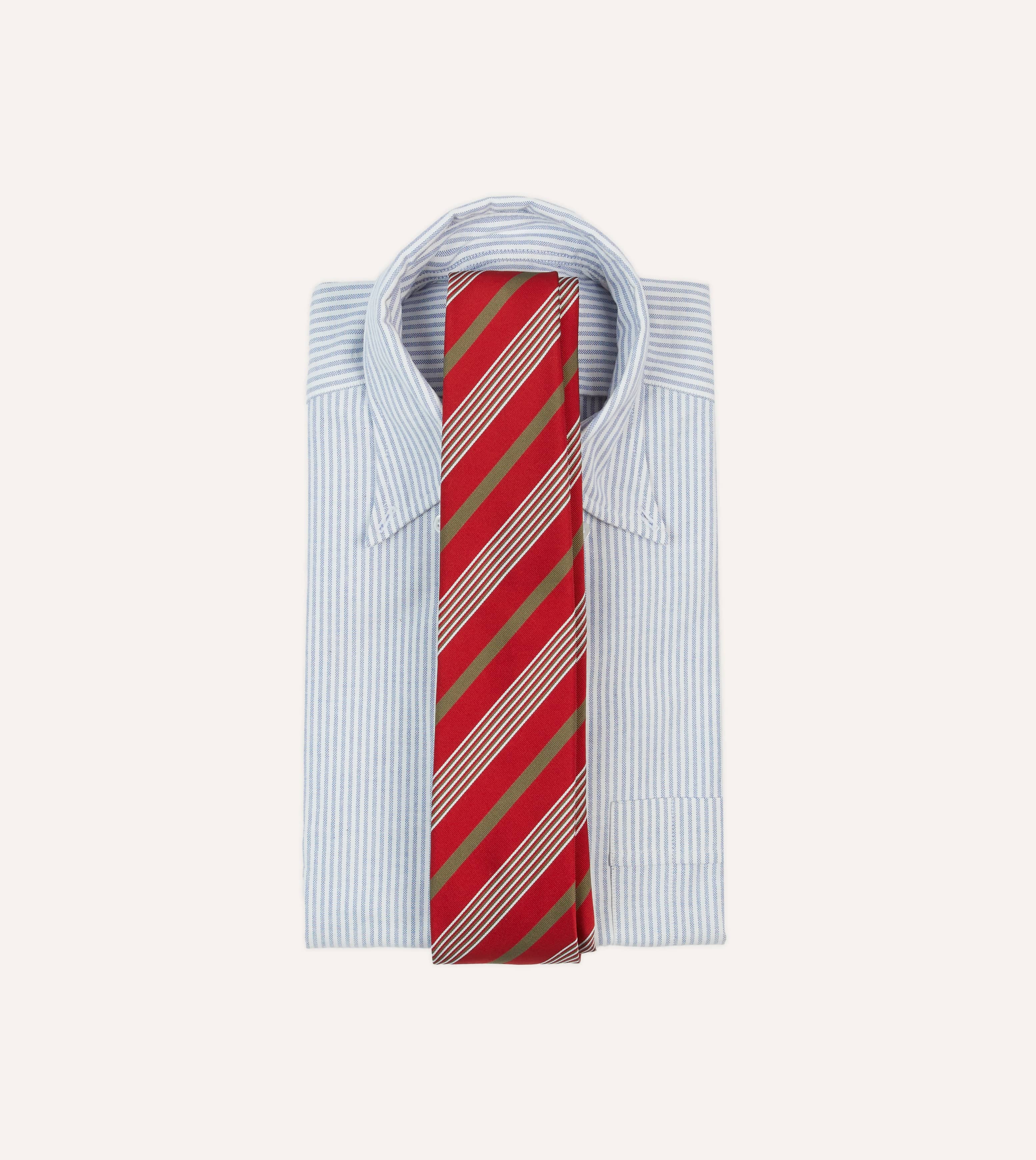 Red, Olive and White Multi Stripe Mogador Silk Tipped Tie - Image 2