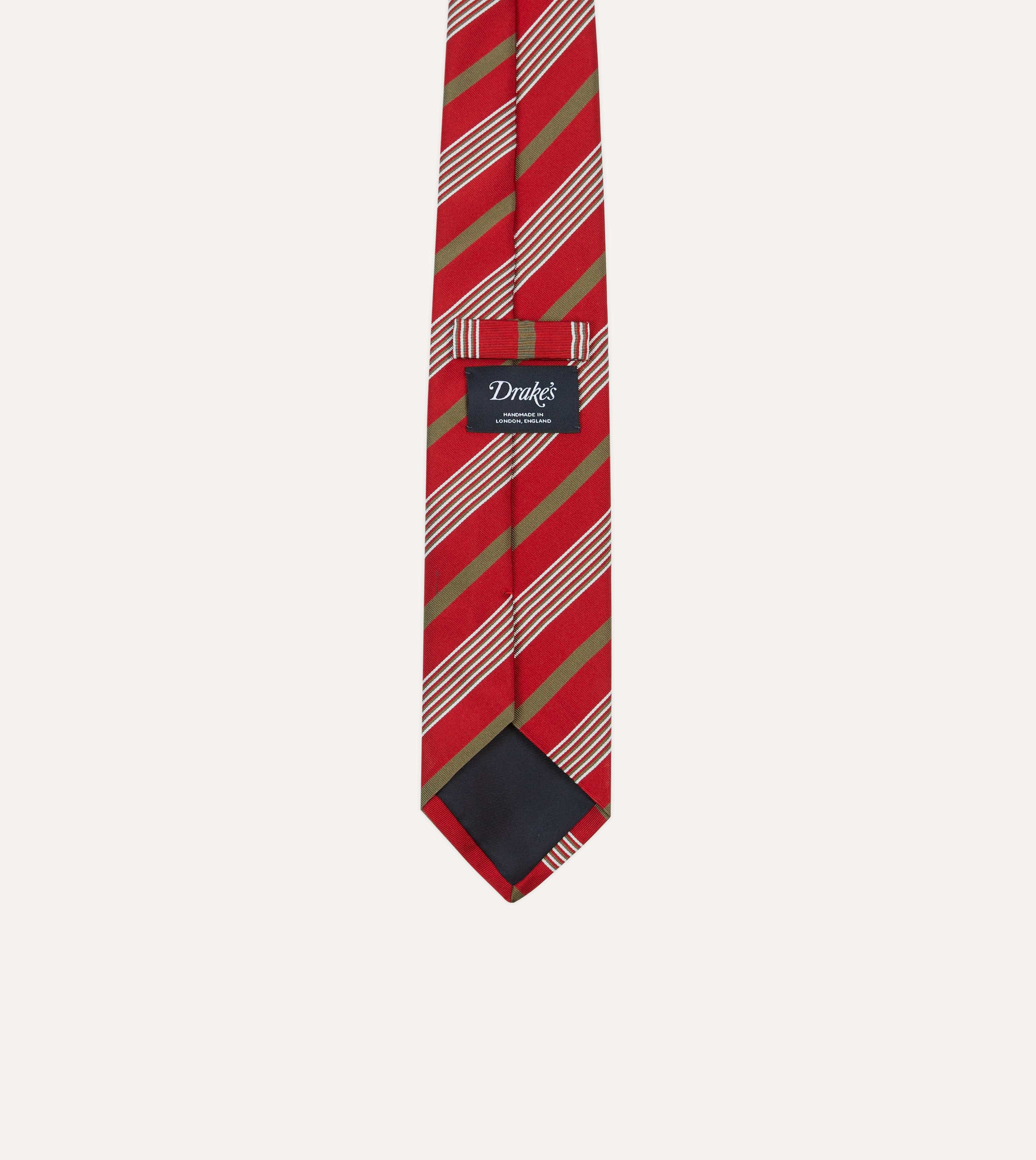 Red, Olive and White Multi Stripe Mogador Silk Tipped Tie - Image 4