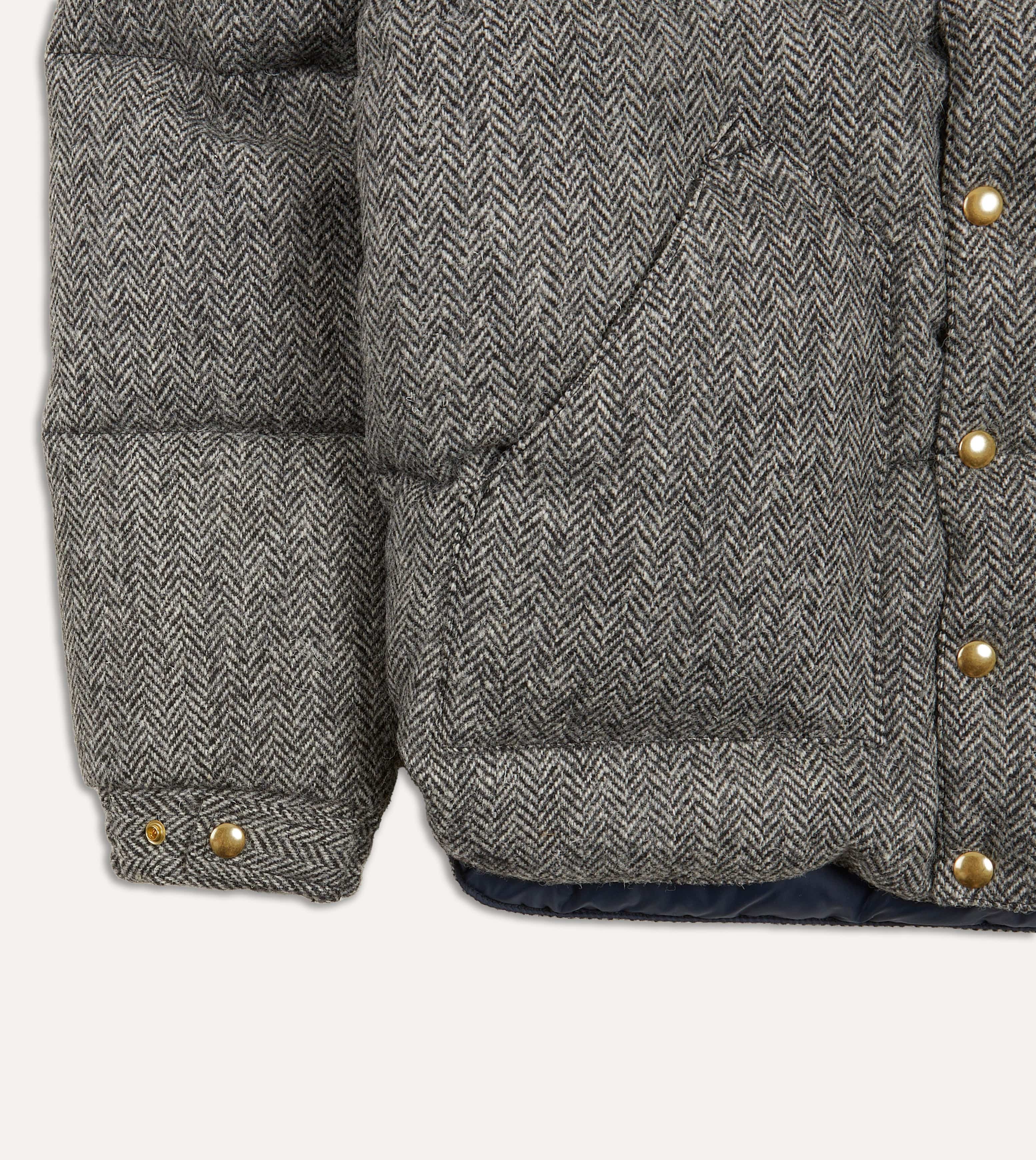 Rocky Mountain Featherbed for Drake's Herringbone Harris Tweed Leather Christy Down Jacket - Image 5