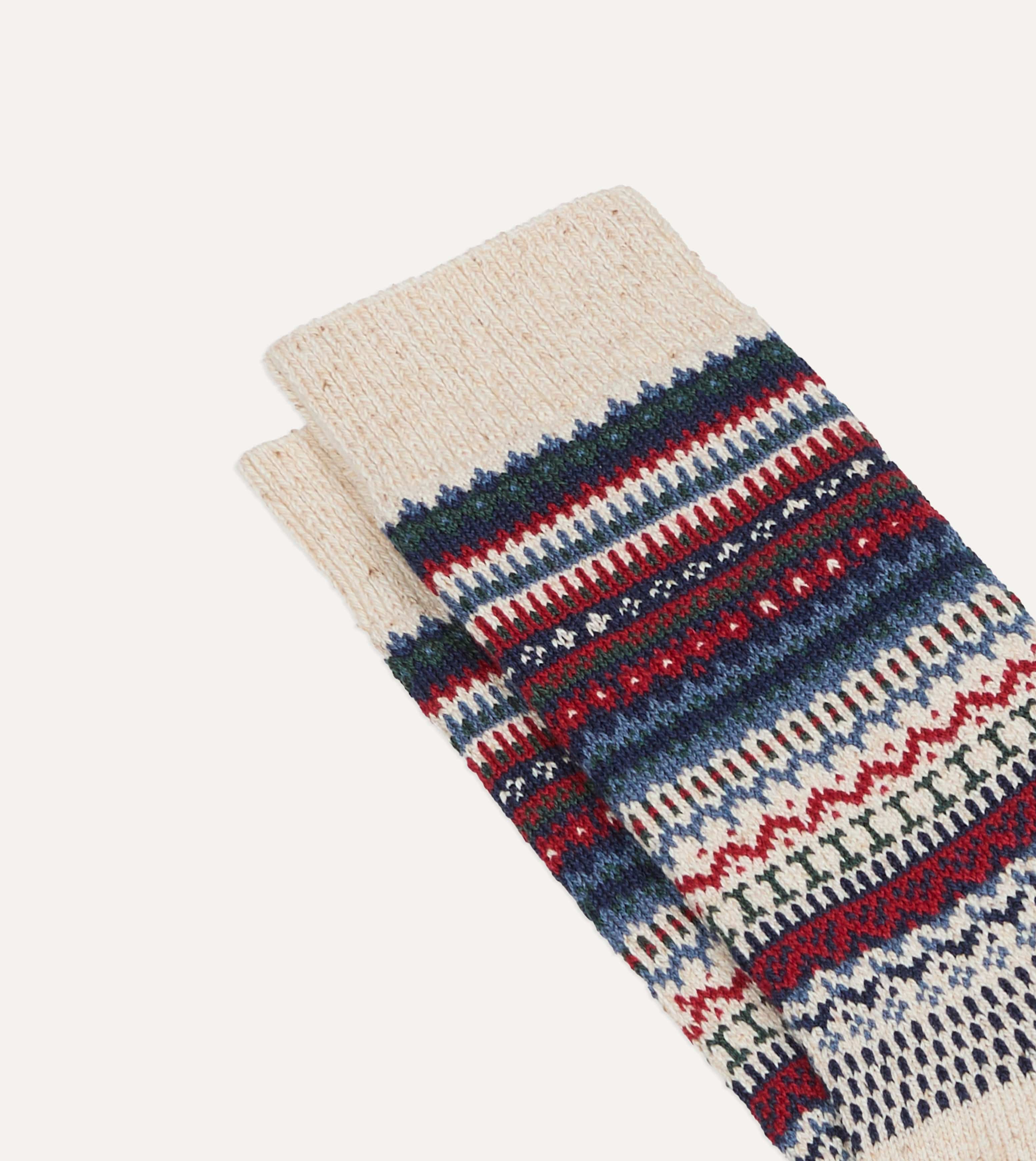 RoToTo Ecru and Navy Wool Nordic Pattern Socks - Image 3