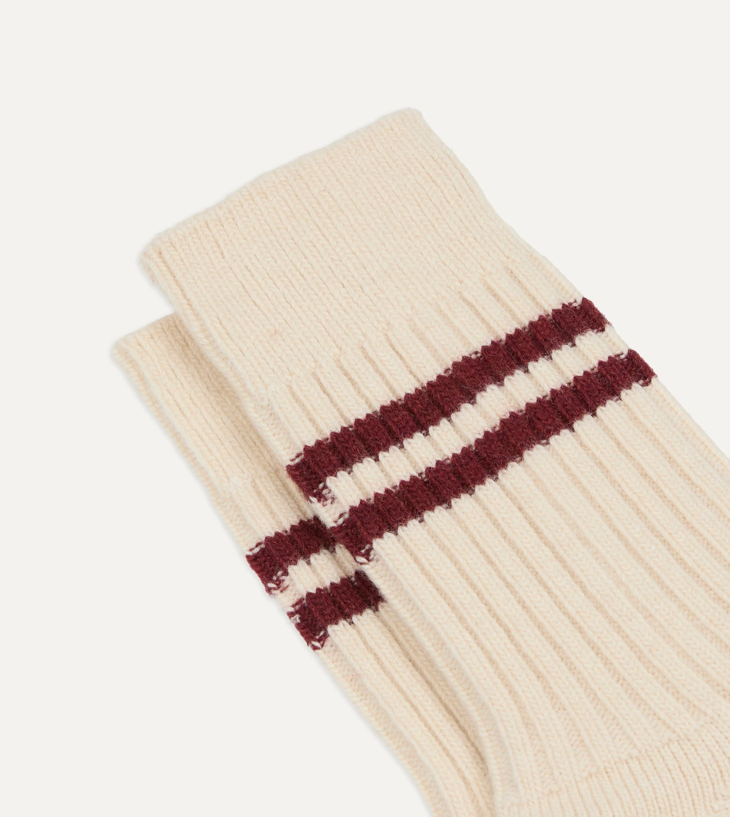 RoToTo Ecru and Red Merino Lambswool Stripe Socks - Image 3