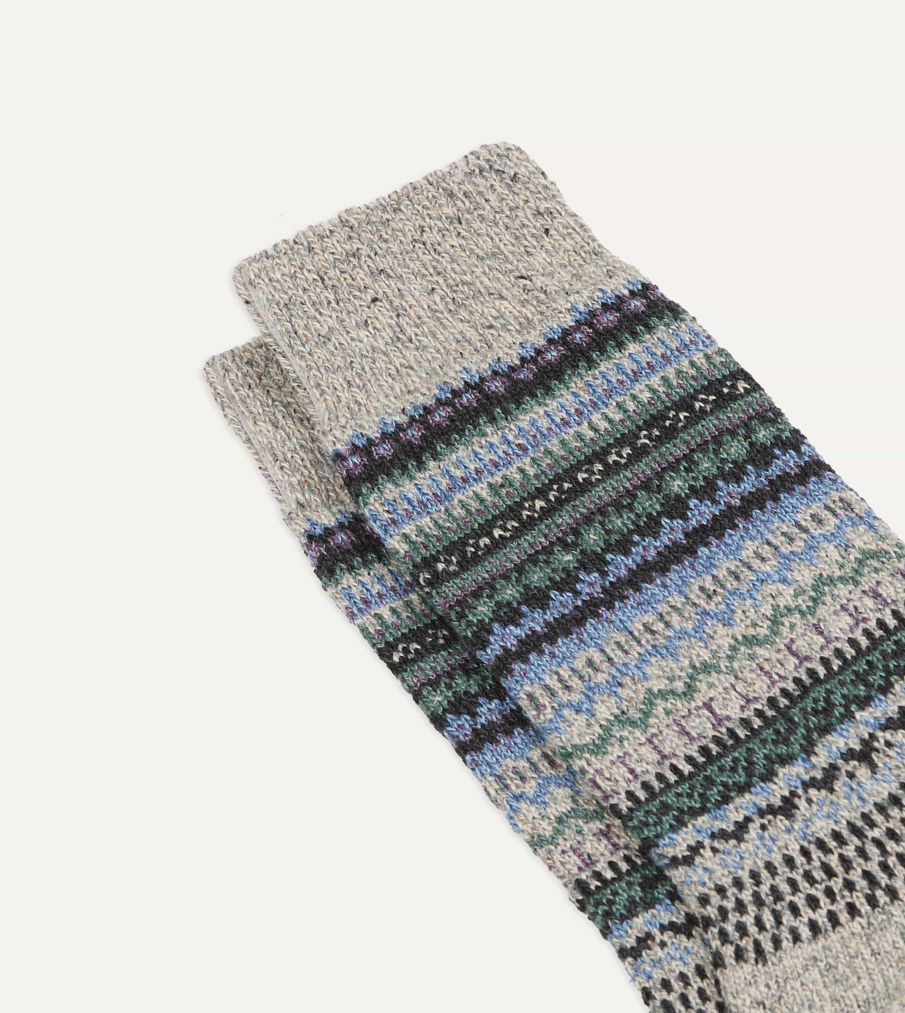 RoToTo Grey and Blue Wool Nordic Pattern Socks - Image 3