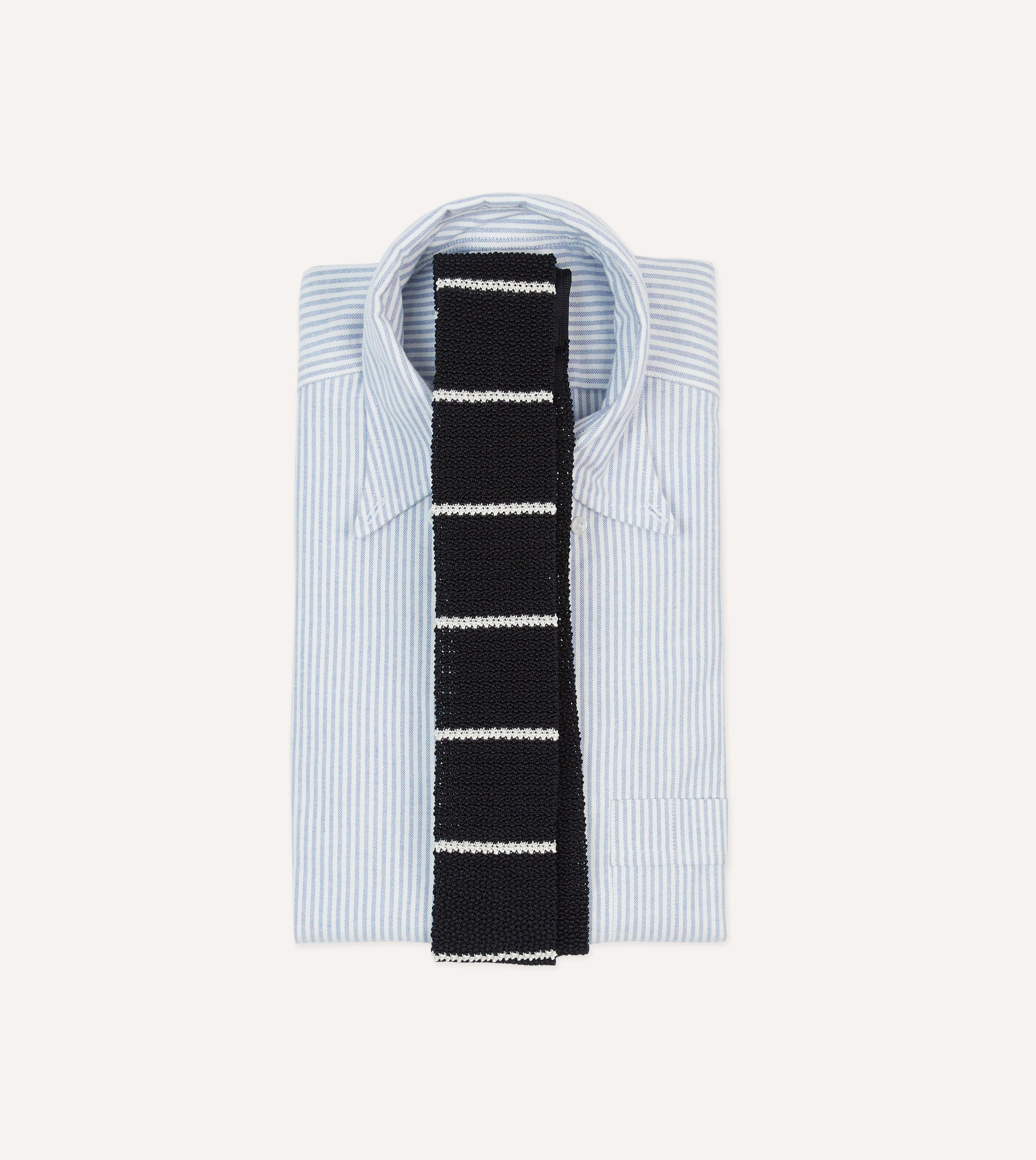 St. JOHN by Drake's Navy Butcher's Stripe Knitted Silk Tie - Image 2