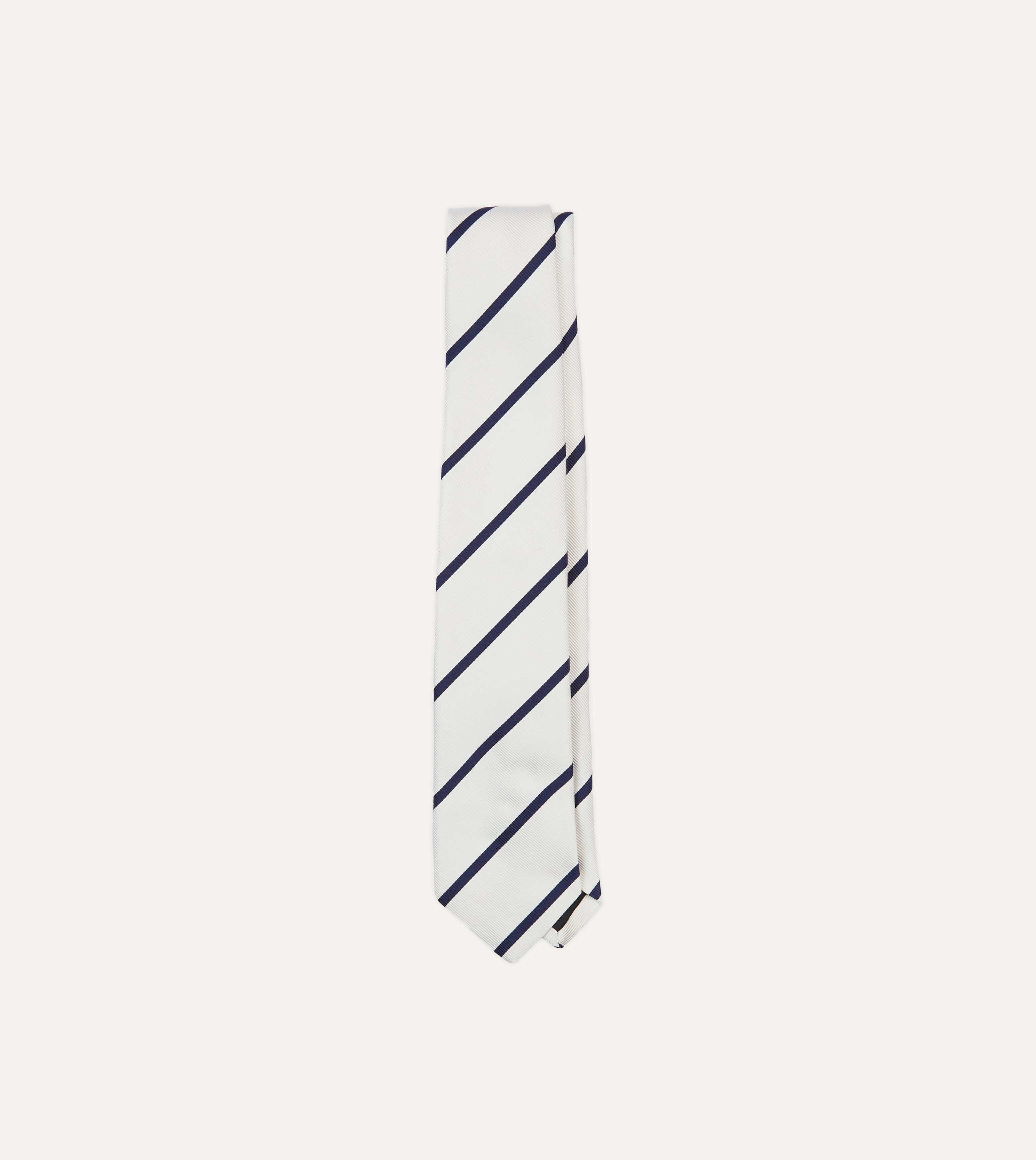 White and Navy Bar Stripe Repp Silk Tipped Tie