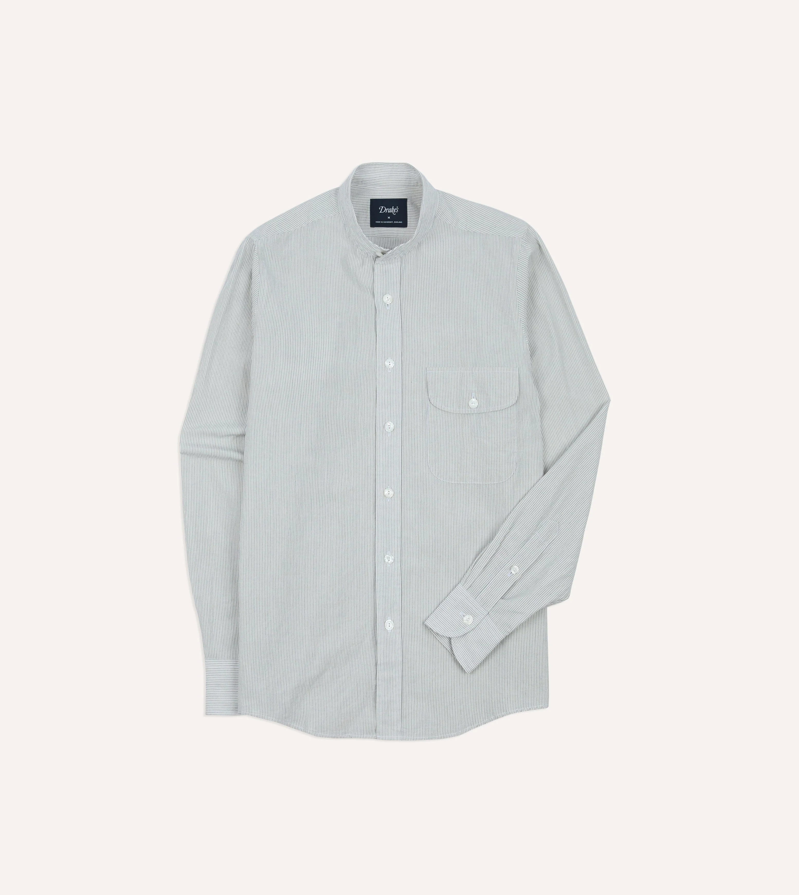 White and Navy Stripe Cotton Mandarin Collar Shirt - Image 3
