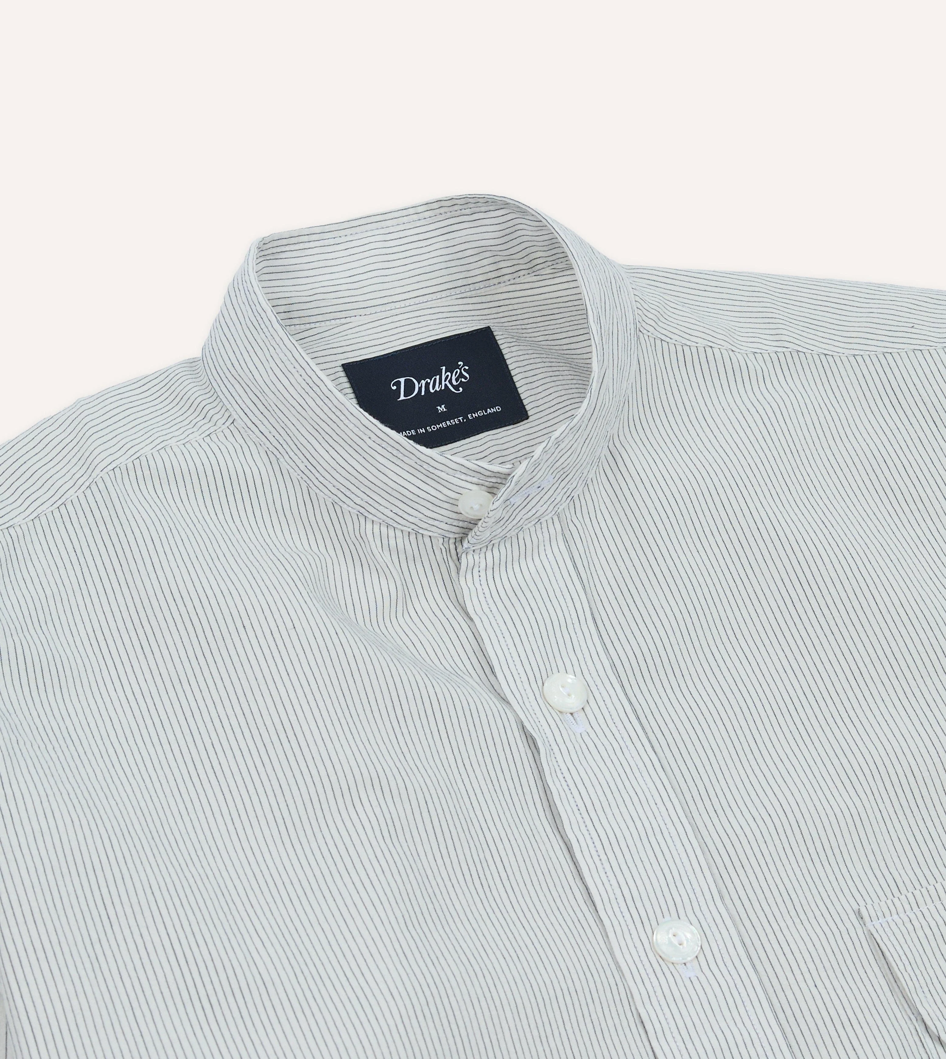 White and Navy Stripe Cotton Mandarin Collar Shirt - Image 4