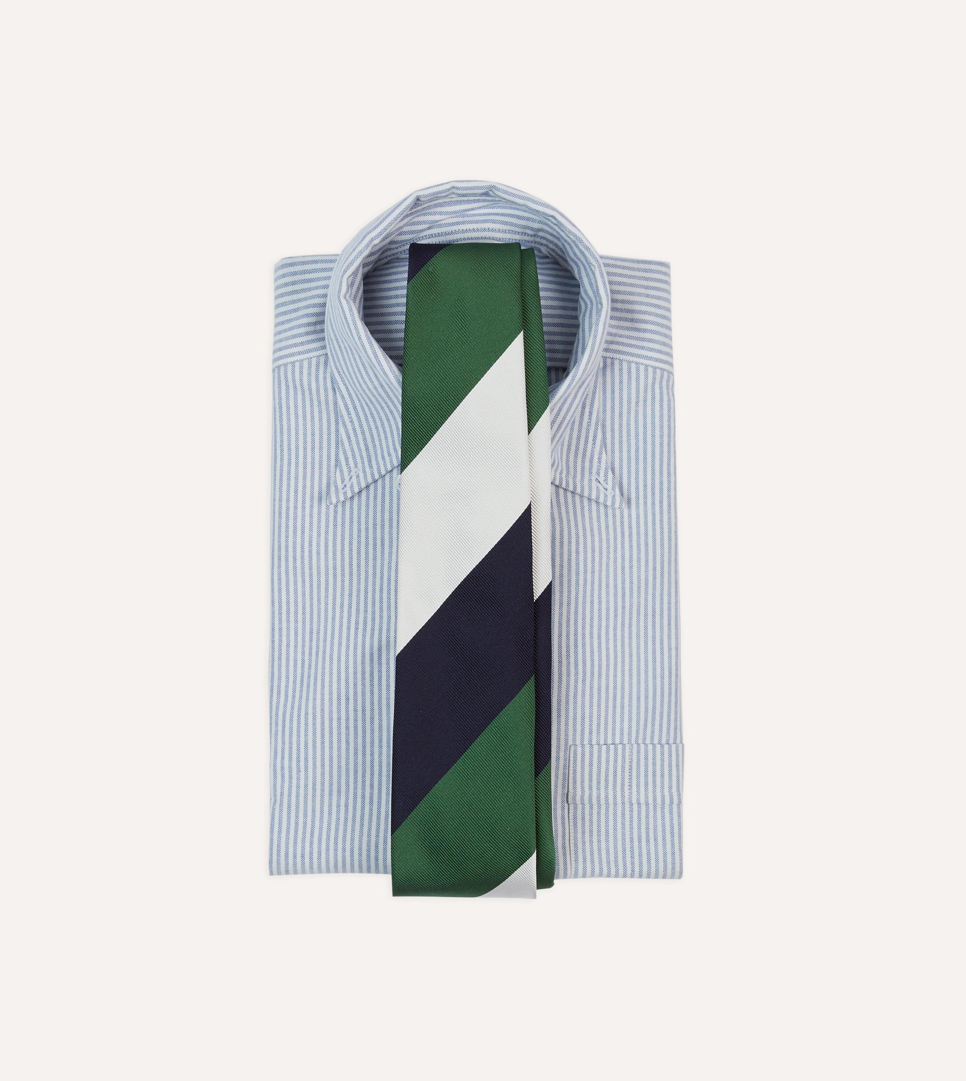 White, Navy and Green Wide Stripe Repp Silk Tipped Tie - Image 2