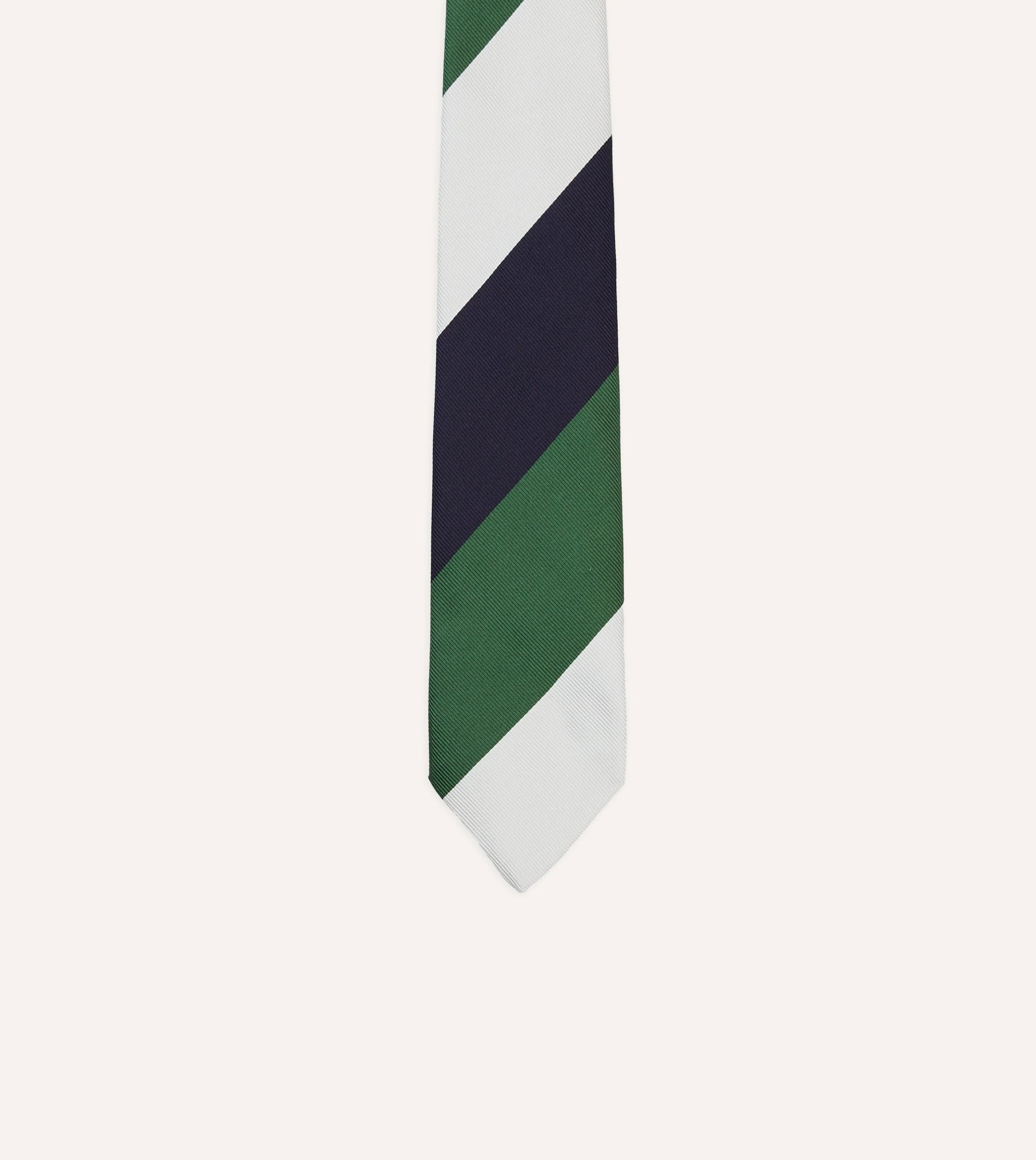 White, Navy and Green Wide Stripe Repp Silk Tipped Tie - Image 3