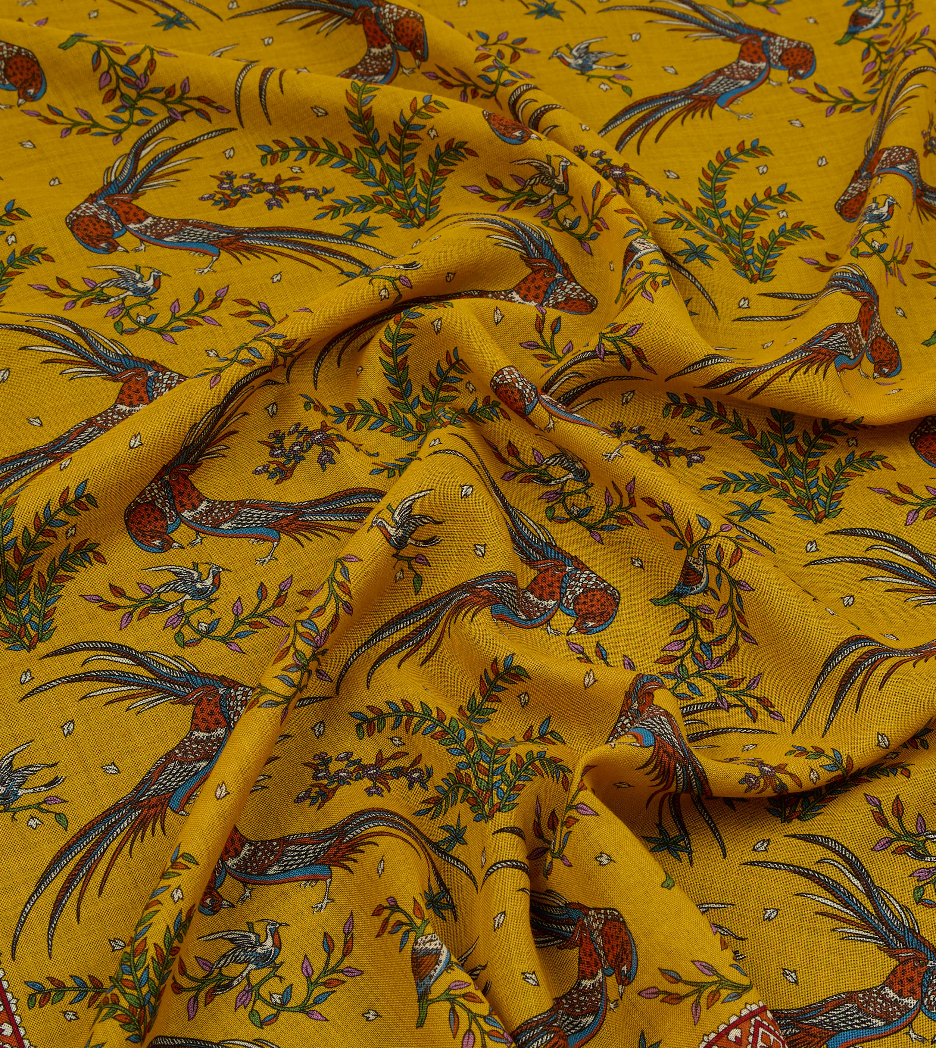 Yellow Birds of Paradise Print Wool Silk Scarf - Image 4