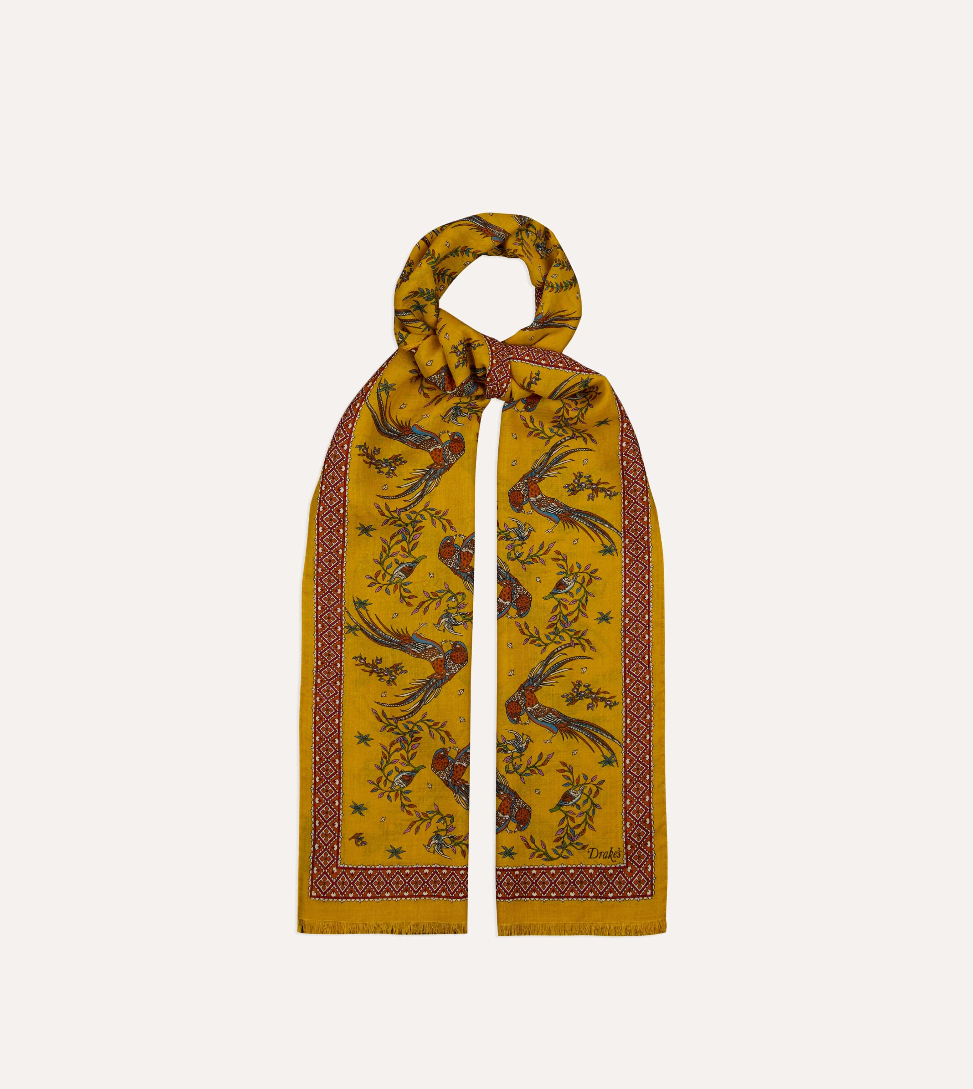 Yellow Birds of Paradise Print Wool Silk Scarf - Image 6